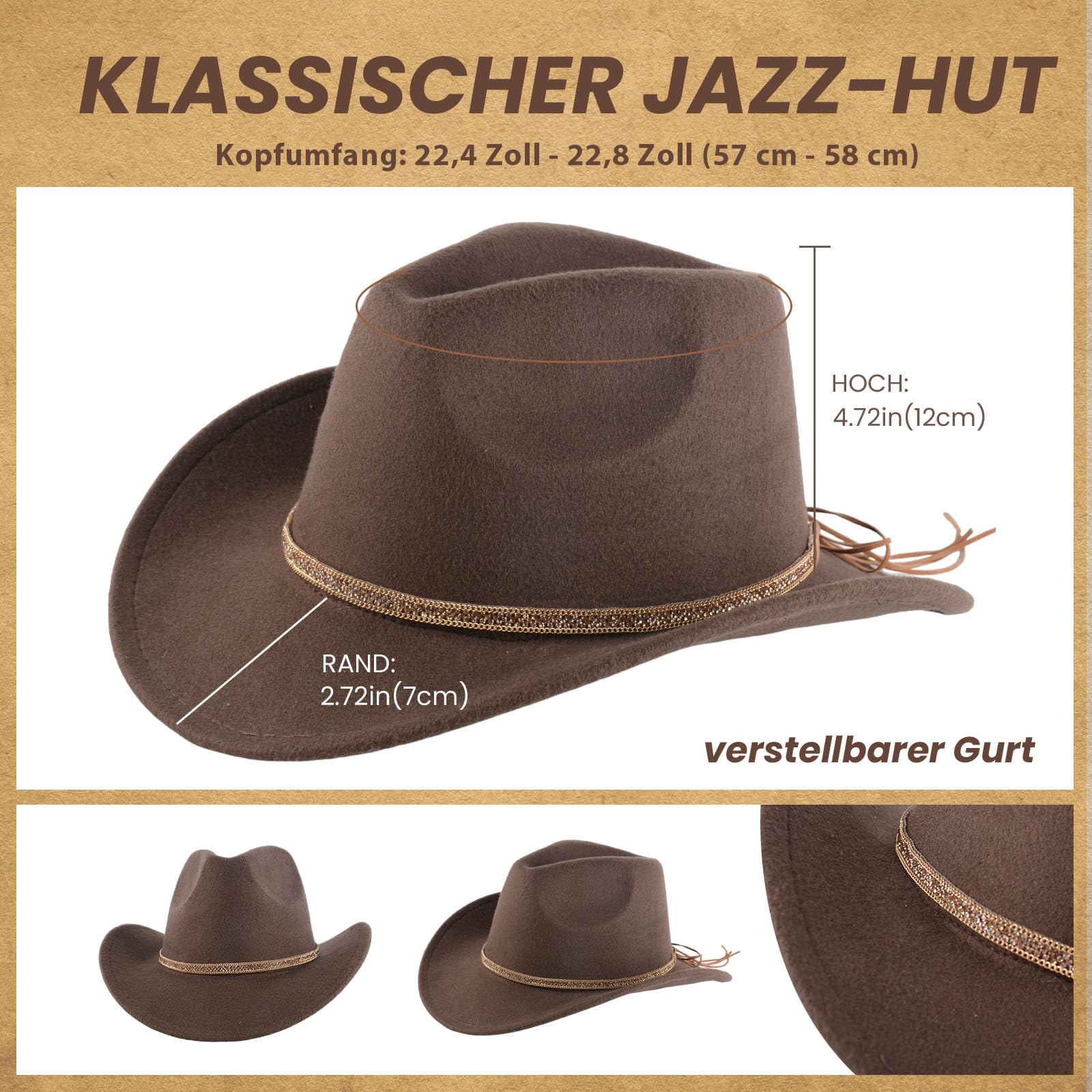 Unisex Cowboyhut aus Filz mit breiter Krempe und Band, Jeanshut für den Outdoor-Western-Stil, Accessoires für Damen und Herren, Kaffee