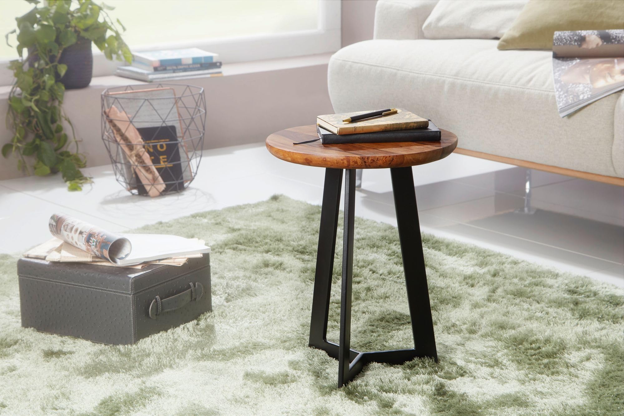 Table D'appoint 35 X 45 X 35 Cm WL5.664 Table Basse En Bois De Sheesham | Salon En Bois Veritable De Style Industriel Table En Bois Table De Canape Pieds Metalliques