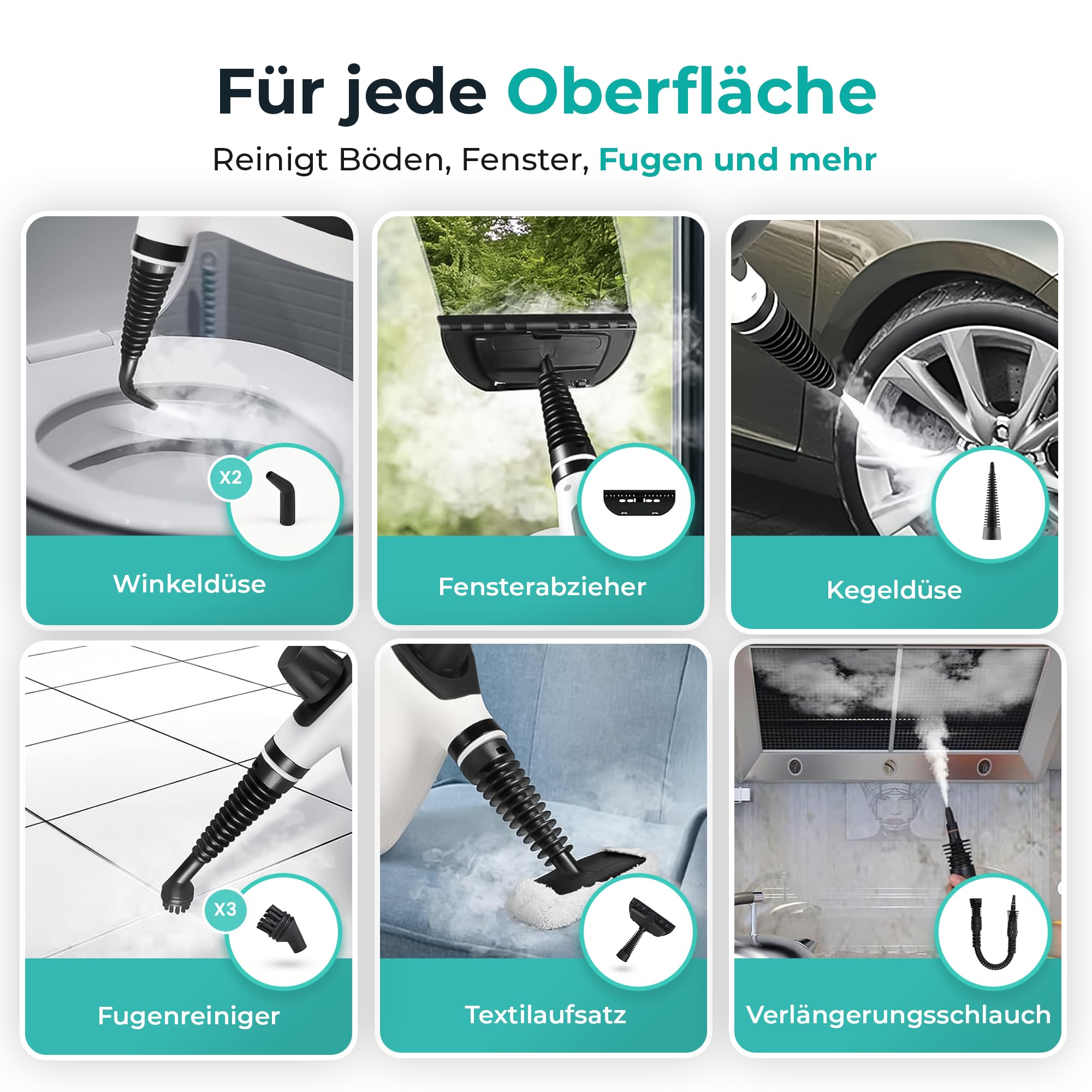 VENTRA® 15-teilig Dampfreiniger – Handdampfreiniger – 3.5 Bar | Extra leistungsstarkes, 5 Meter Stromkabel, inklusive Mikrofasertuch