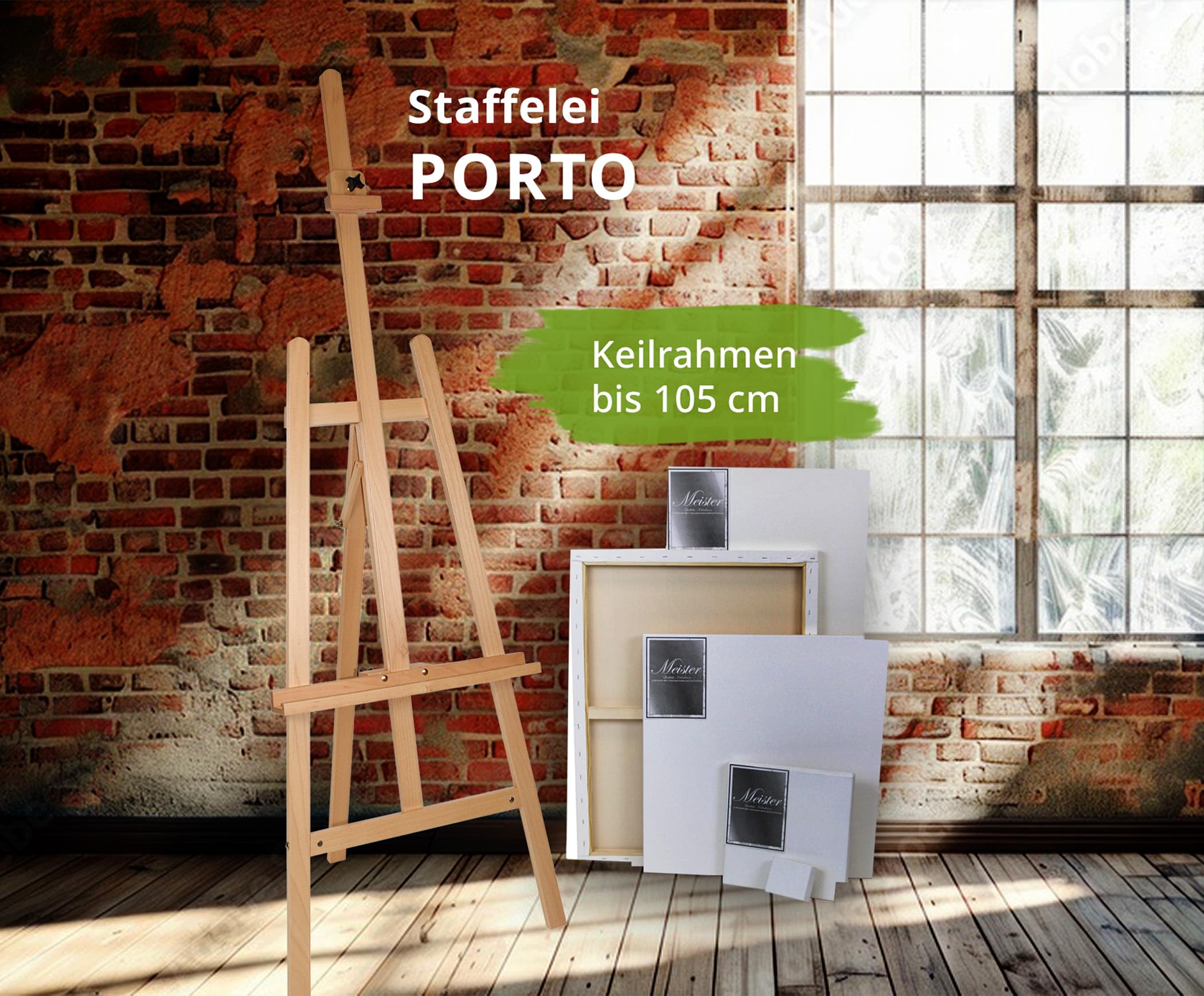 Paintersisters Staffelei PORTO 57x193 Buchenholz mit Malauflage Leinwände bis 106cm, Studio-Staffelei aus Buche Vollholz