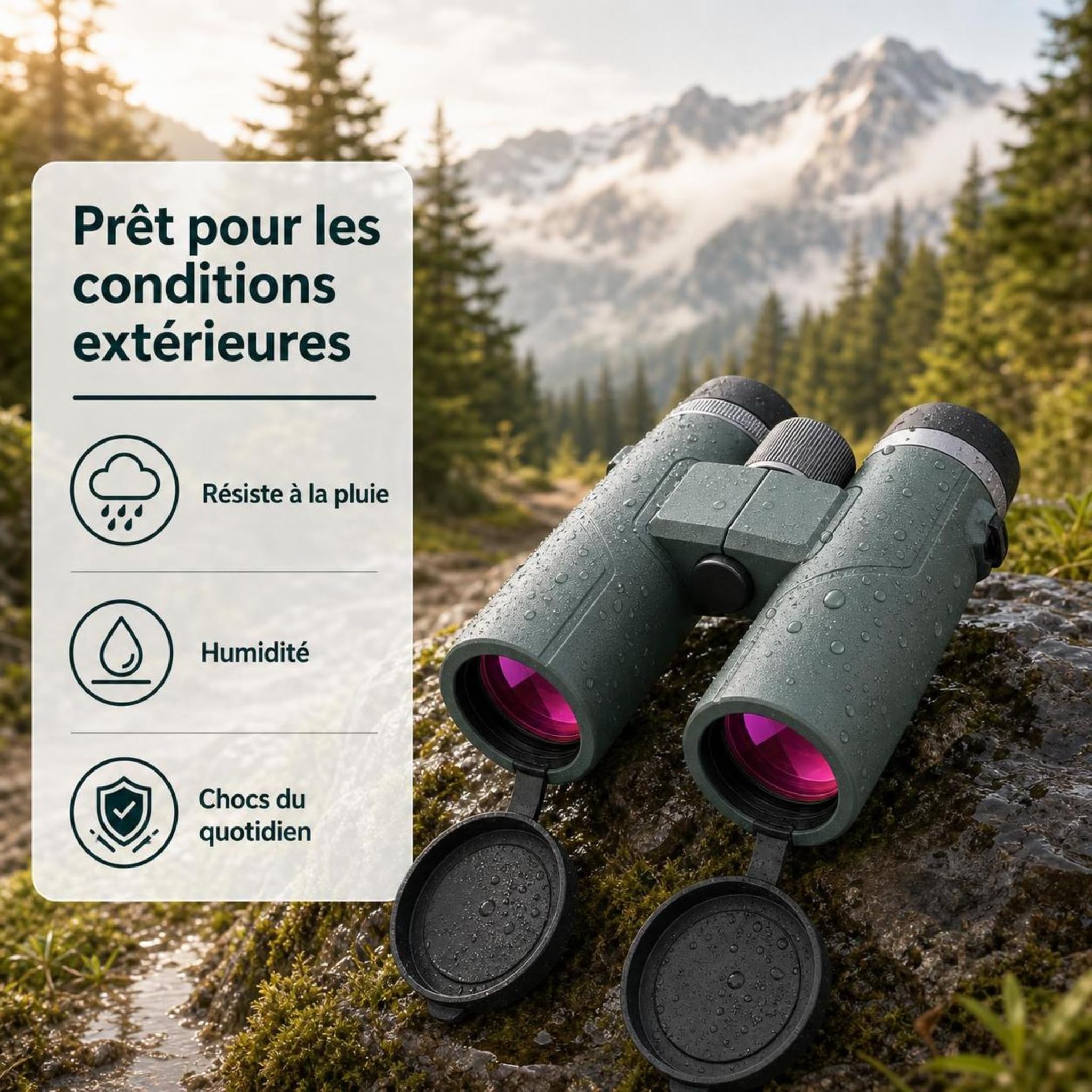Kersens Original Jumelles Vertes Étanches, Optique HD et Format de Voyage pour Observation Longue Distance, Camping, Balades et Paysages (Vert)