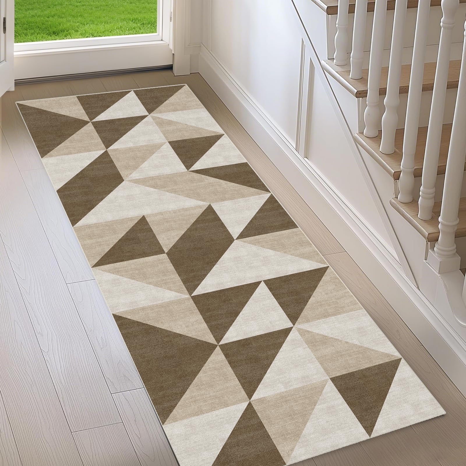 Season wind Washable Neutral Runner for Hallway Bedroom 2x6 Modern Abstract Geometric Non Slip Brown Area Rug Low Pile Indoor Floor