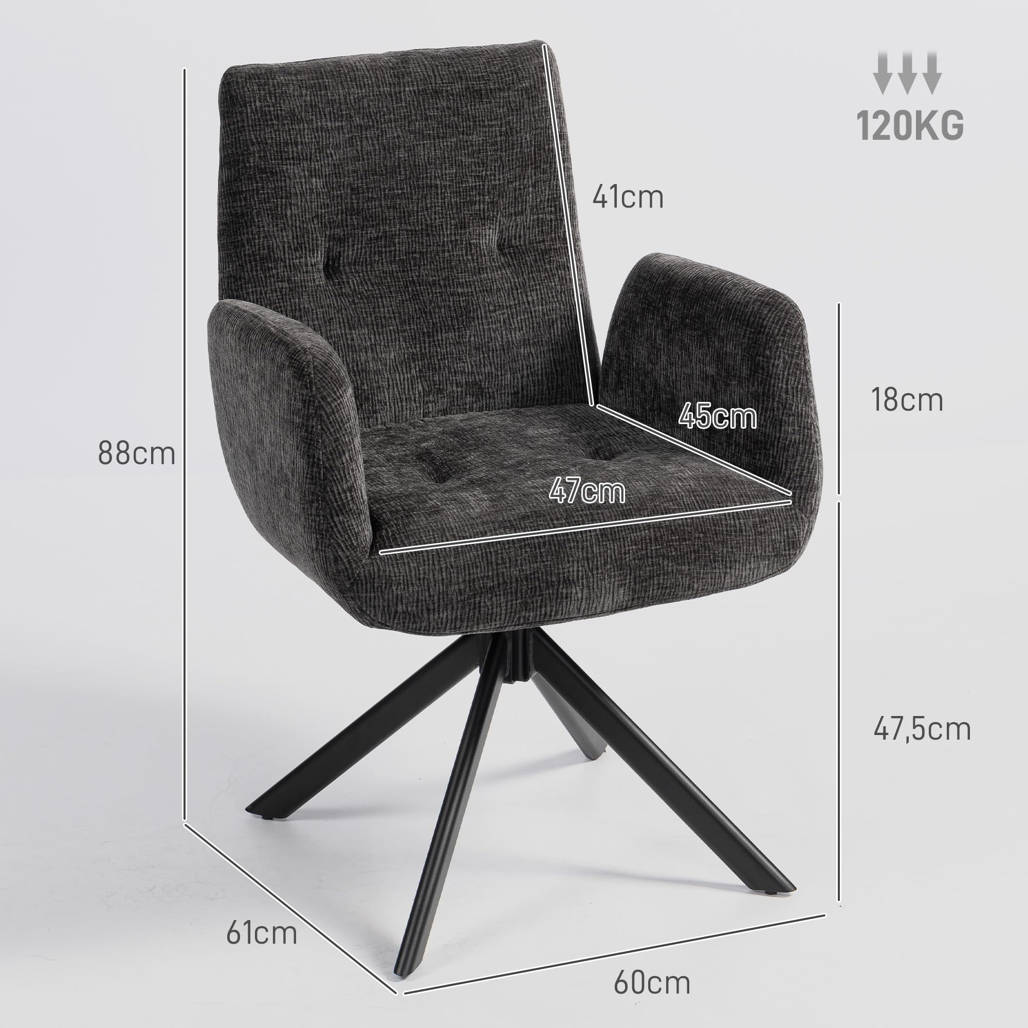 HOMCOM Sessel Drehbar Loungesessel mit Armlehne, Wolle-Leinenoptik, modern Polsterstuhl mit Knopfheftung, Stahlbeine, für Wohnzimmer, Schlafzimmer, Schwarz
