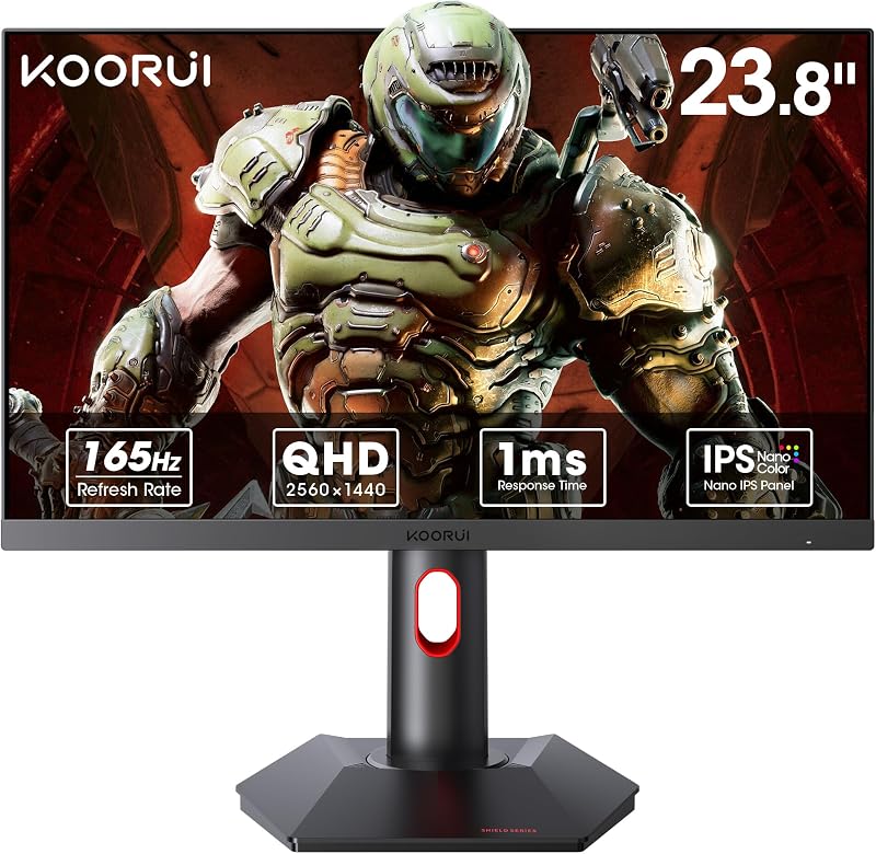 KOORUI Monitor para Juegos, Pantalla Nano IPS QHD de 24", Monitor de Computadora 1440P 165Hz, Pantalla de PC 2K de 1ms, 100% sRGB, Sincronización Adaptativa, Ajuste de Altura/Inclinación/Pivote, HDMI, DisplayPort, GP01