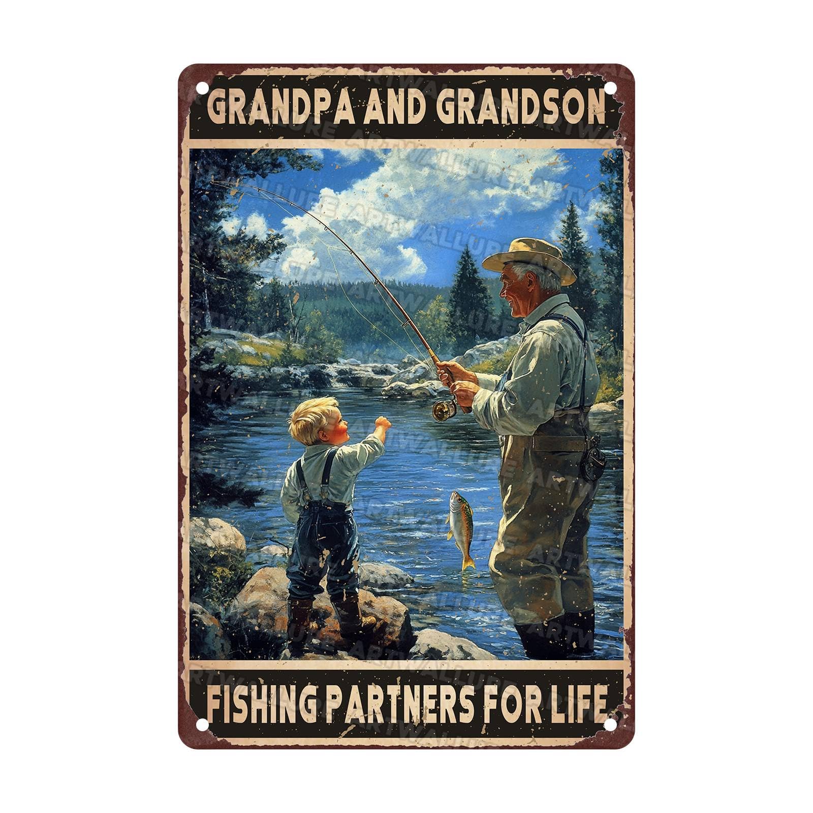 Vintage Fishing Metal Sign Grandpa And Grandson Fishing Partners For Life Metal Poster Home Kitchen Garden Bar Pub Coffee Man Cave Aluminium Sign Art Wall Decor Plaque 8x12Inch