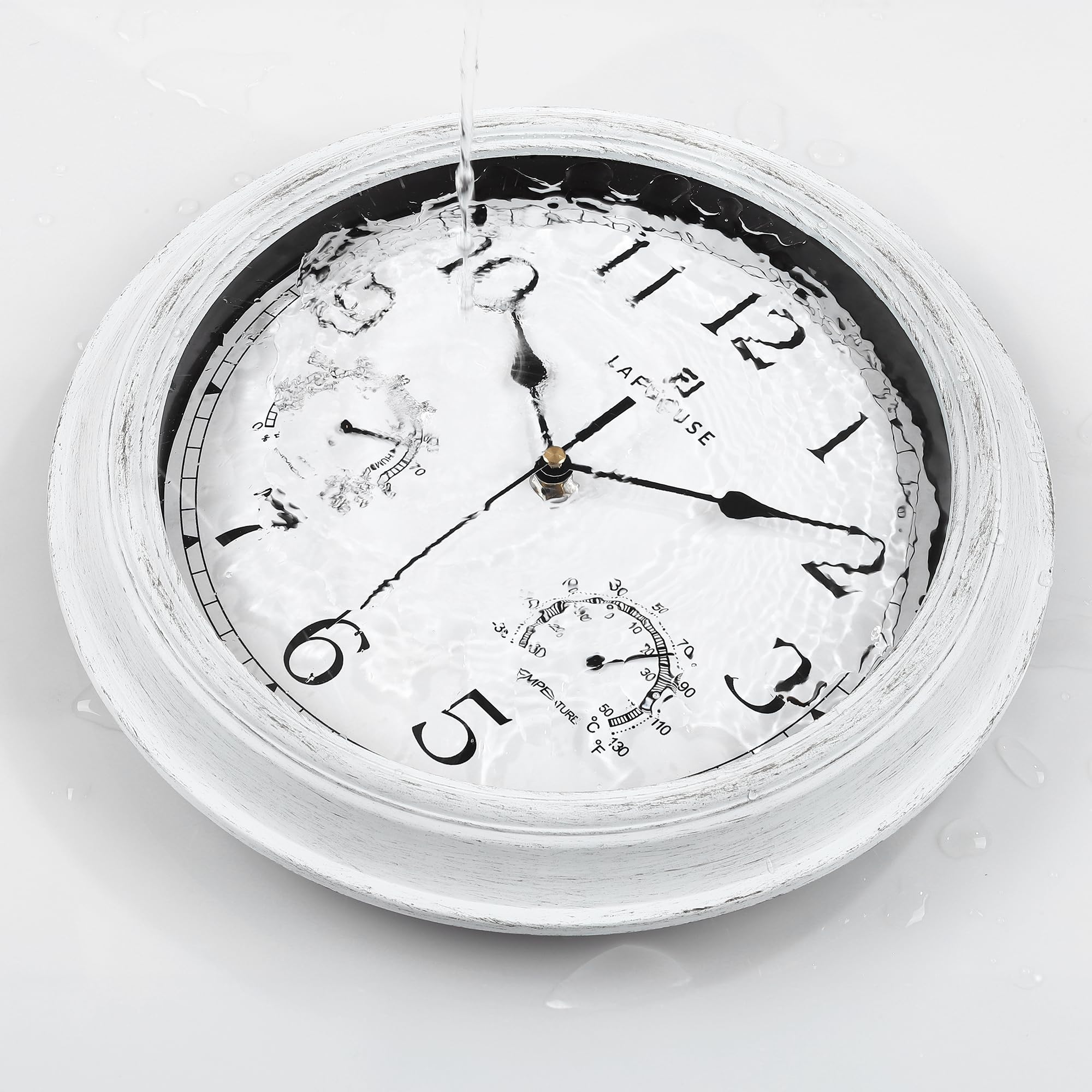 Lafocuse 12 Inch White Outdoor Wall Clock Waterproof Silent with Temperature and Humidity - Image 2
