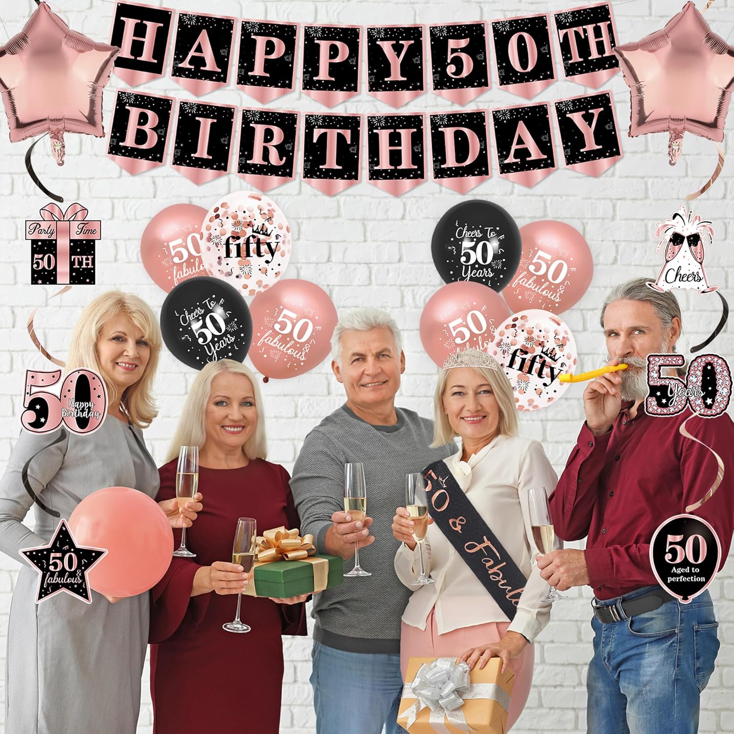 Vlipoeasn 40PCS 50th Birthday Decorations for Women, Black Rose Gold 50th Birthday Backdrop Banner Crown & Sash for Party, 50 Years Old Birthday Party Supplies - Image 6