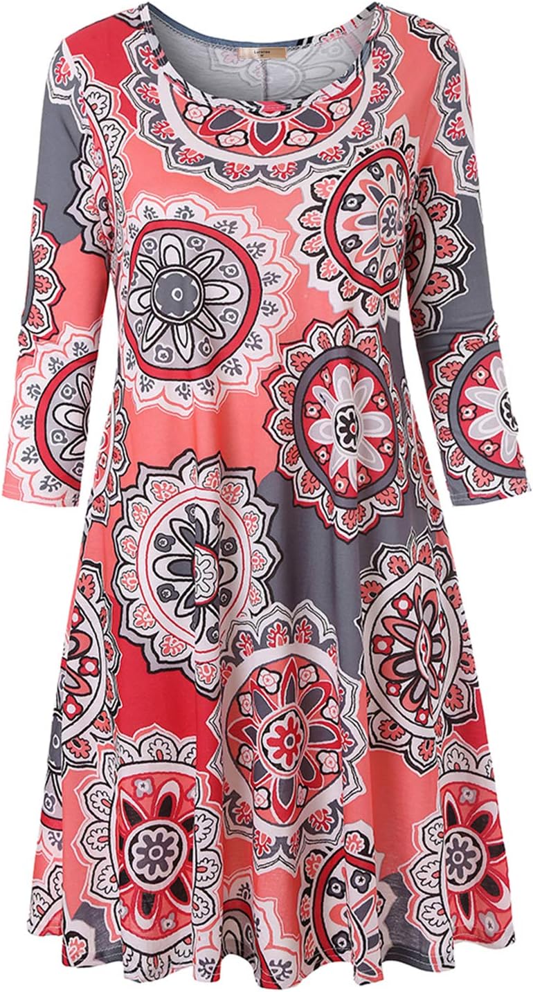 Luranee Womens Casual 3/4 Sleeve Knee Length Crew Neck Tunic Dress with Pockets