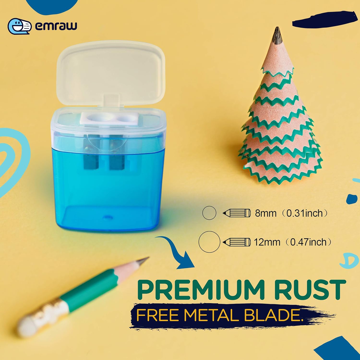 Emraw Dual Hole Manual Pencil Sharpener with Lid & Rectangular Receptacle to Catch Shavings for Regular & Oversize Pencils/Crayons in Blue, Green, Pink & Black Great for School Home & Office – 12 Pack