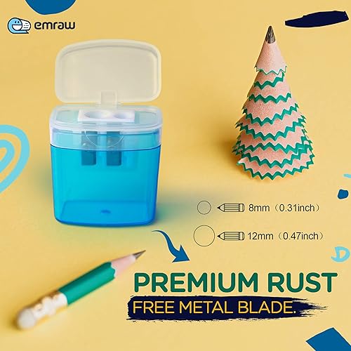 Miniatura 2 de Emraw Sacapuntas manual de doble agujero con tapa y receptáculo rectangular para atrapar virutas para lápices regulares y de gran tamaño en azul,