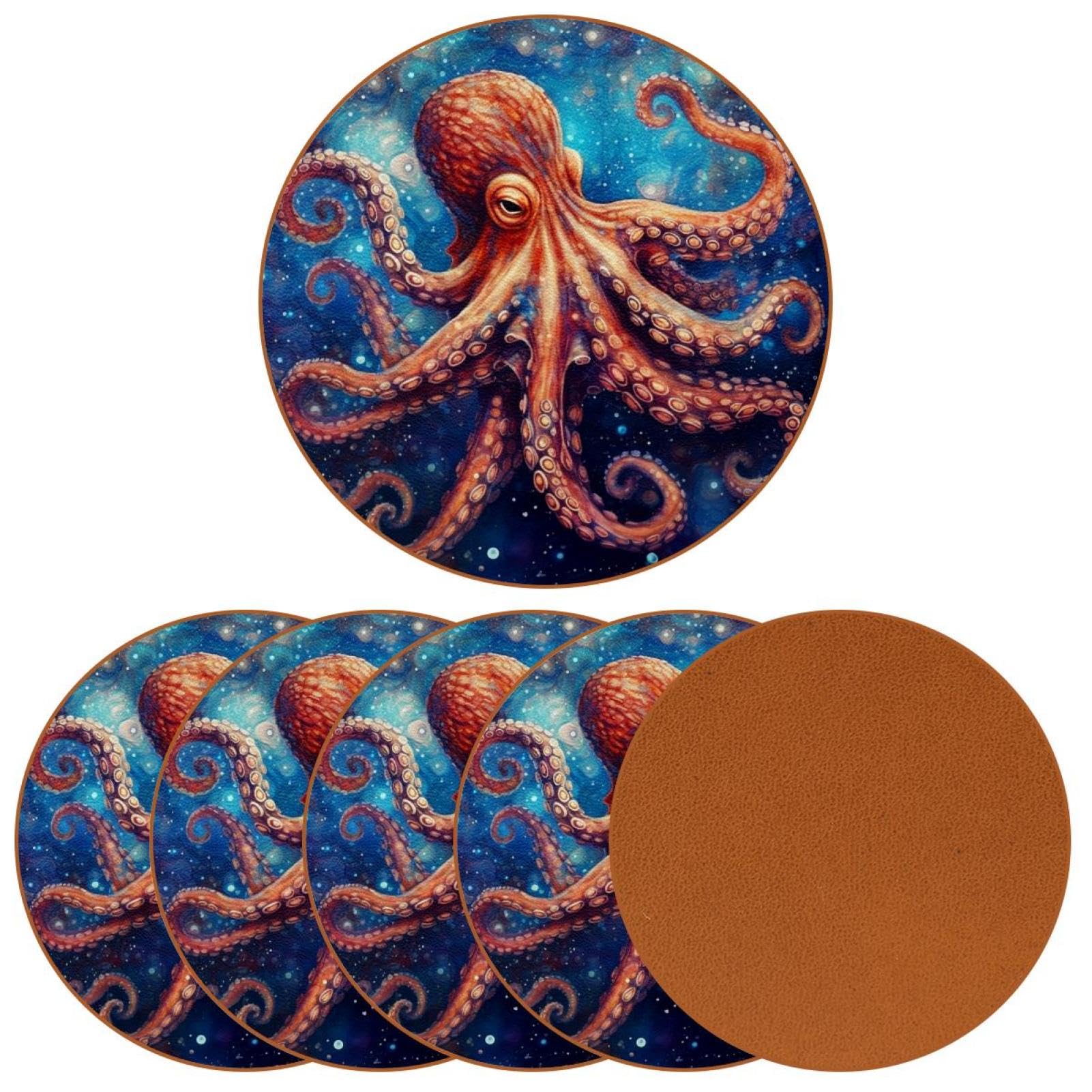 Cartoon-Galaxie-Oktopus-Untersetzer für Getränke, 6 Stück, Tisch-Schutzmatte für Weingläser, Tassen und Tassen, wiederverwendbar im Büro, Küche, Bar, 10,9 cm