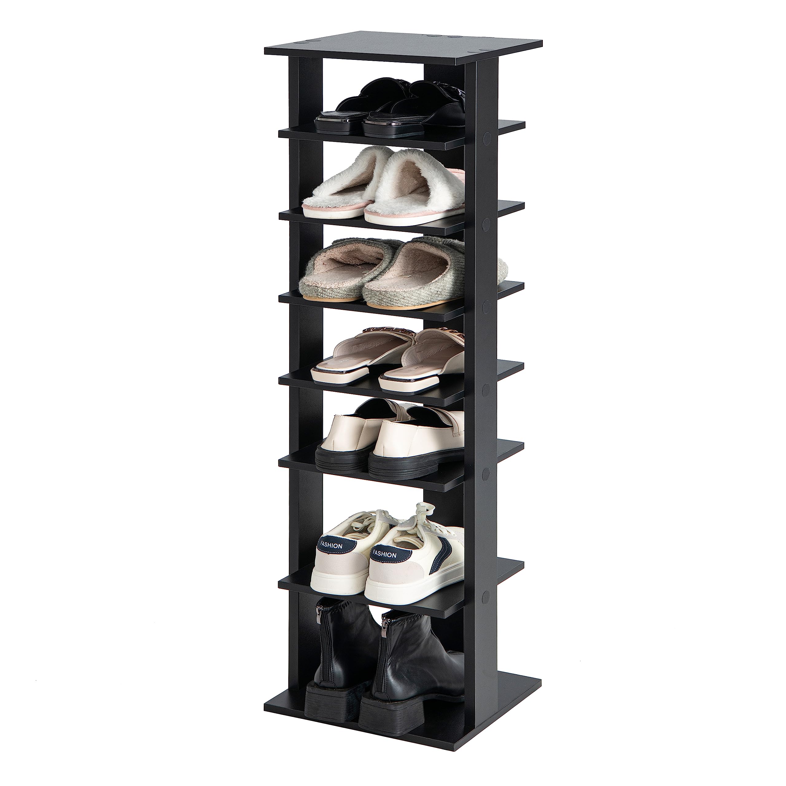 HOMASIS Zapatero de Madera, Zapatero Individual de 7 Niveles, en Panel de Madera MDF con Dispositivo antivuelco, Estante de Almacenamiento Independiente para Zapatos, 28,5x25,5x110cm (Negro)
