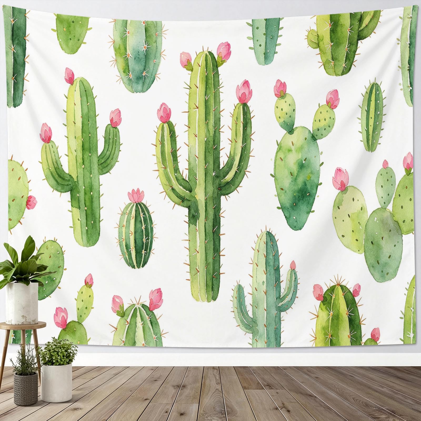 Arazzo da Parete Cactus Acquerello Rosa in Tessuto, 250x300 cm