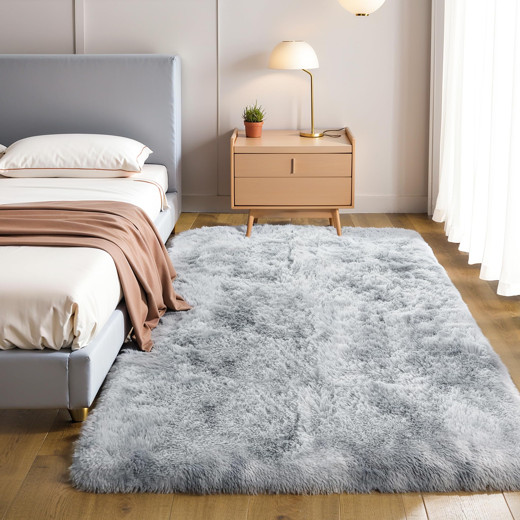 thick area rug light grey fluffy 4x6 for bedroom, soft shag comfy washable rug for living room dorm kids baby nursery, plush shaggy non-slip fuzzy carpet, tie dye gray