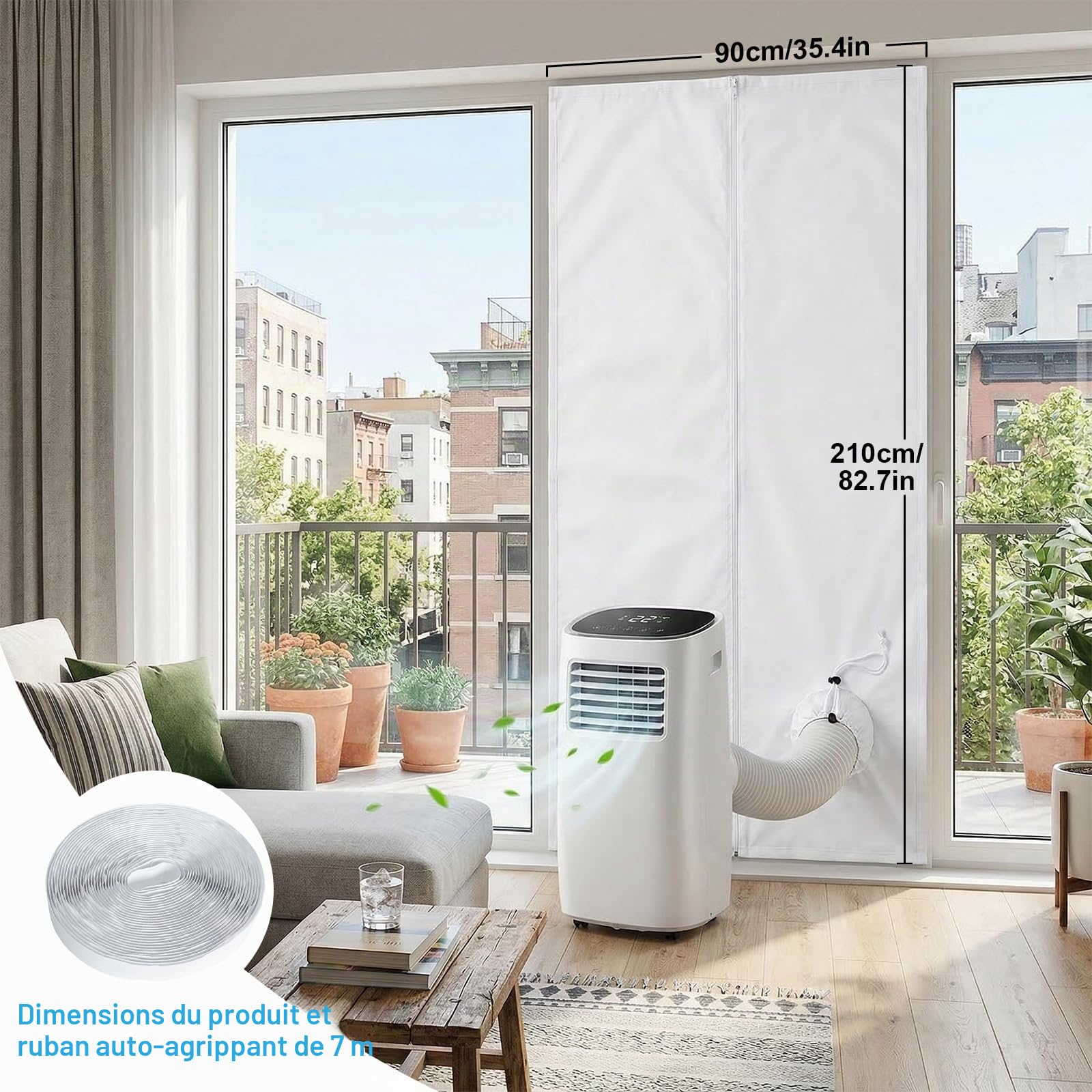 Kit d'Étanchéité Porte et Fenêtre pour Climatiseur Mobile Qoosea - 90x210cm avec Passage à Cordon et 7m de Bandes Adhésives pour Portes Coulissantes et Fenêtres