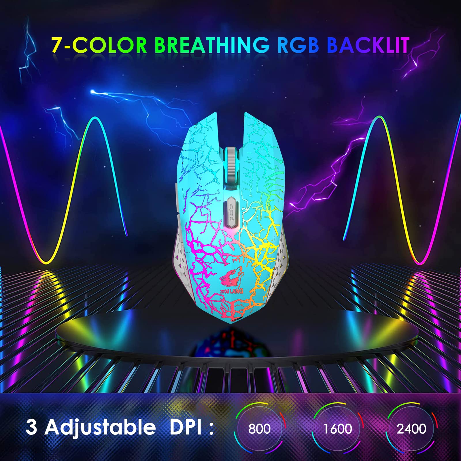 60% Kabellos Gaming Tastatur und Maus Combo Set 2,4 GHz Wiederaufladbare 3800 mAh 61 Tasten Kompakttastatur mit Rainbow LED Hintergrundbeleuchtung + 2400 DPI 6 Tasten Rainbow LED Silent Mouse (Blau)