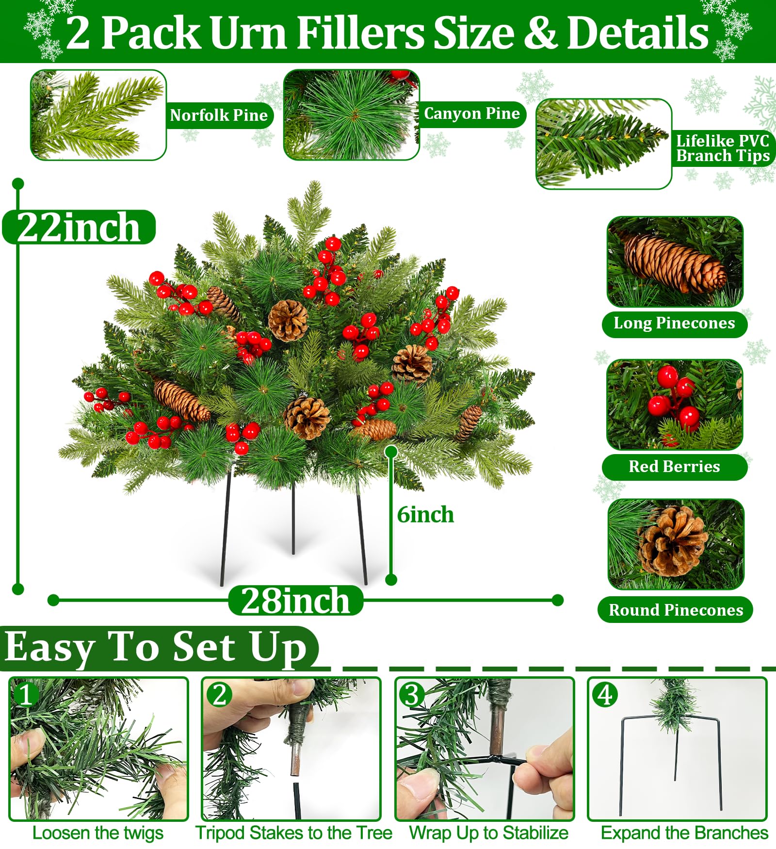 Lot de 2 urnes de sapin de Noël de 55,9 cm, minuterie pré-éclairée, 8 modes, 40 lumières LED avec 3 styles de branches, trépied, pommes de pin et baies, alimentation par piles, décoration d'extérieur