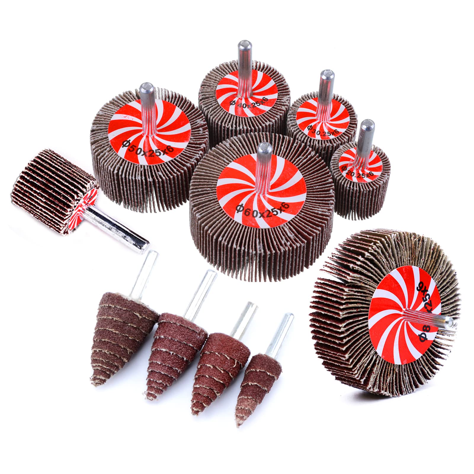 11PCS set of 1/4-inch shank flap wheel sander, with 80 grit silicon carbide abrasive, suitable for electric drills, angle grinders, and pneumatic tools for grinding and polishing applications.