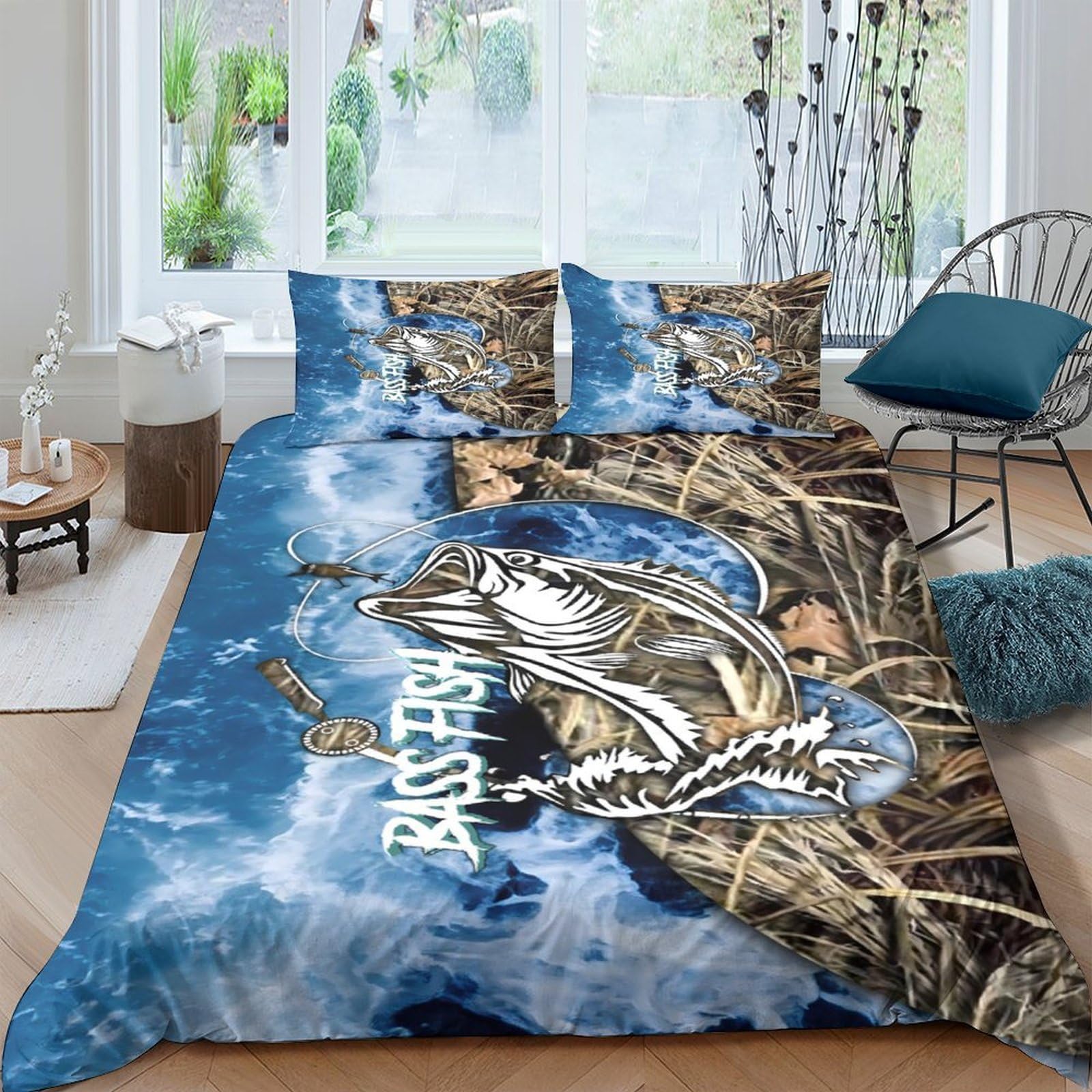 Ctjqhvkz Style-9 3D Printed Bass Fish Lake Fitted Sheet Microfiber Soft Blue Water Tree Mattress Cover For Bedroom Guest Room Decor Single（135X200cm）