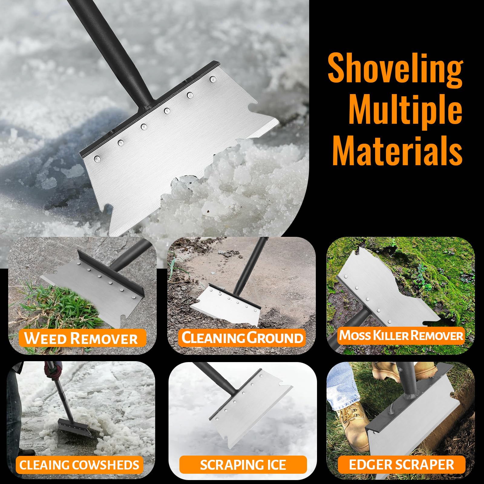 Pala de Jardín Multifuncional con Largo Mango 148 cm, Pala Plana de Acero raspador de jardín para Malas Hierbas y Musgo, Pala de Limpieza de JardíN para Plantas, Palear Nieve, Limpiar Granjas - 3
