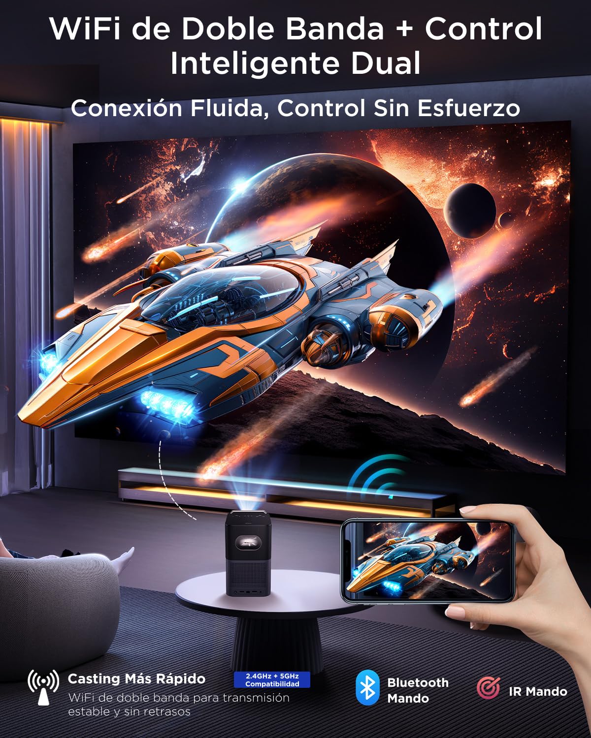 TCL A1s Proyector 4K Full HD, GoogleTV/Netflix Intégrées, 600 Lúmenes ISO, Dolby Audio 2×8W, Auto Focus & 6D Keystone, Bluetooth y WiFi, con Botones Táctiles y Bolso para Cine en Casa y Gaming