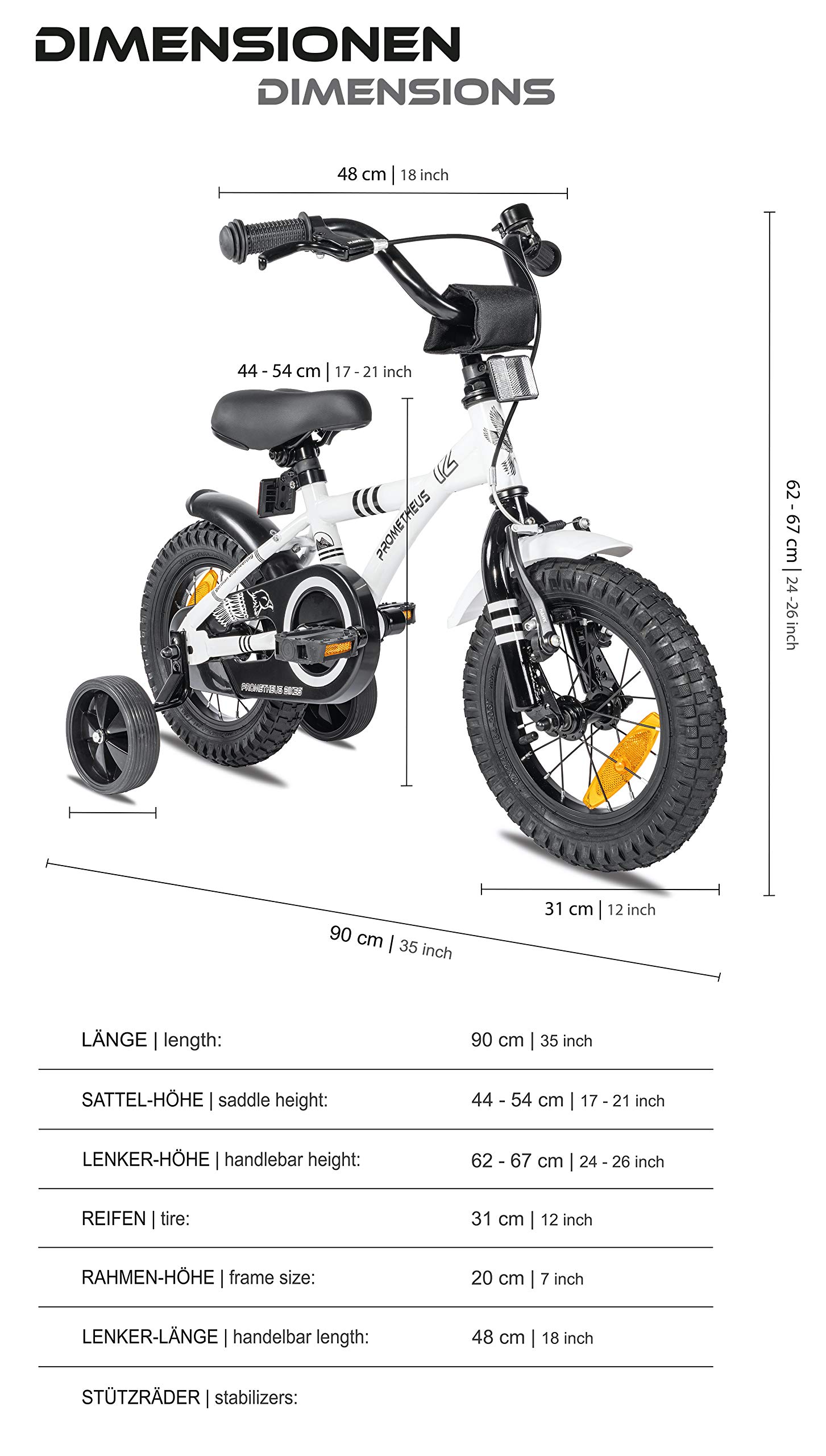 PROMETHEUS BICYCLES Velo Enfant 3 Ans Garcon vélo Fille 12 Pouces a Roulette pour 3 a 5 Ans - BMX en Blanc