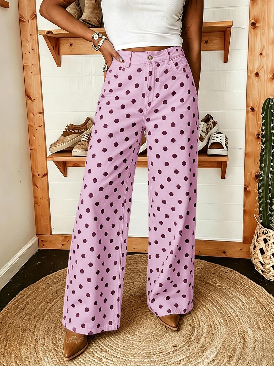 ebossy Women's Retro Polka Dots Denim Pants Wide Leg Y2k Boyfriend Barrel Jeans Long Palazzo Harem Trousers