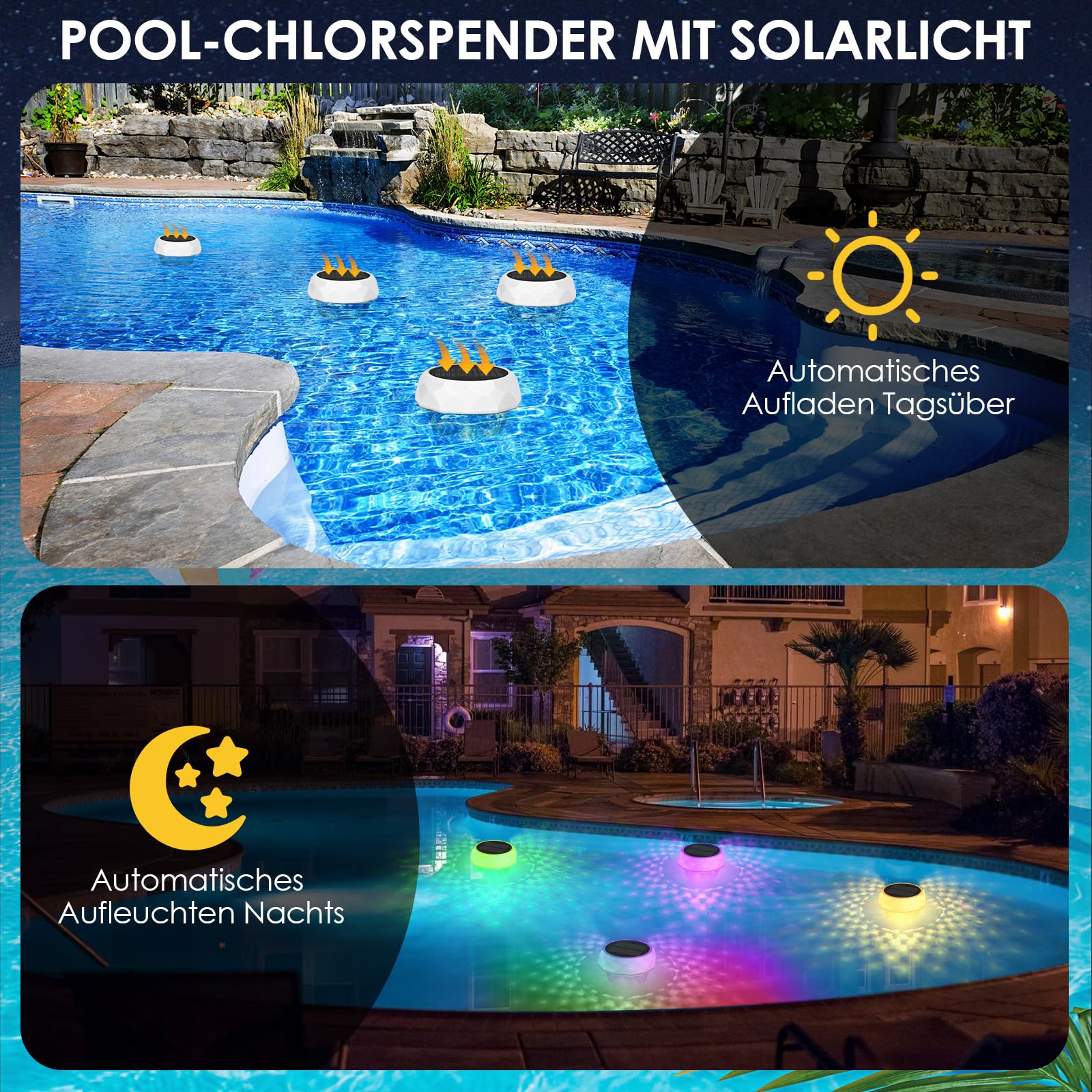 ZWOOS Dosierschwimmer Pool, Schwimmer für Chlortabletten (Leer), Chlordosierer für Pool, Poolbeleuchtung Solar, Schwimmend Chlor Spender, RGB Pool Licht, IP68 Wasserdicht, Pool Deko Lampe (1 Stück)