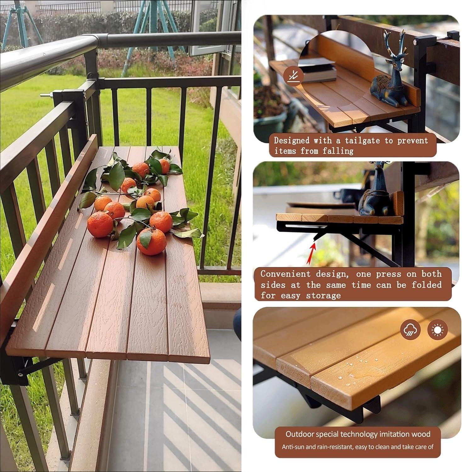 Balcony Bar Table for Railing,Foldable Hanging Table,Folding Patio Table,Outdoor Side Table,Balcony Table(White)