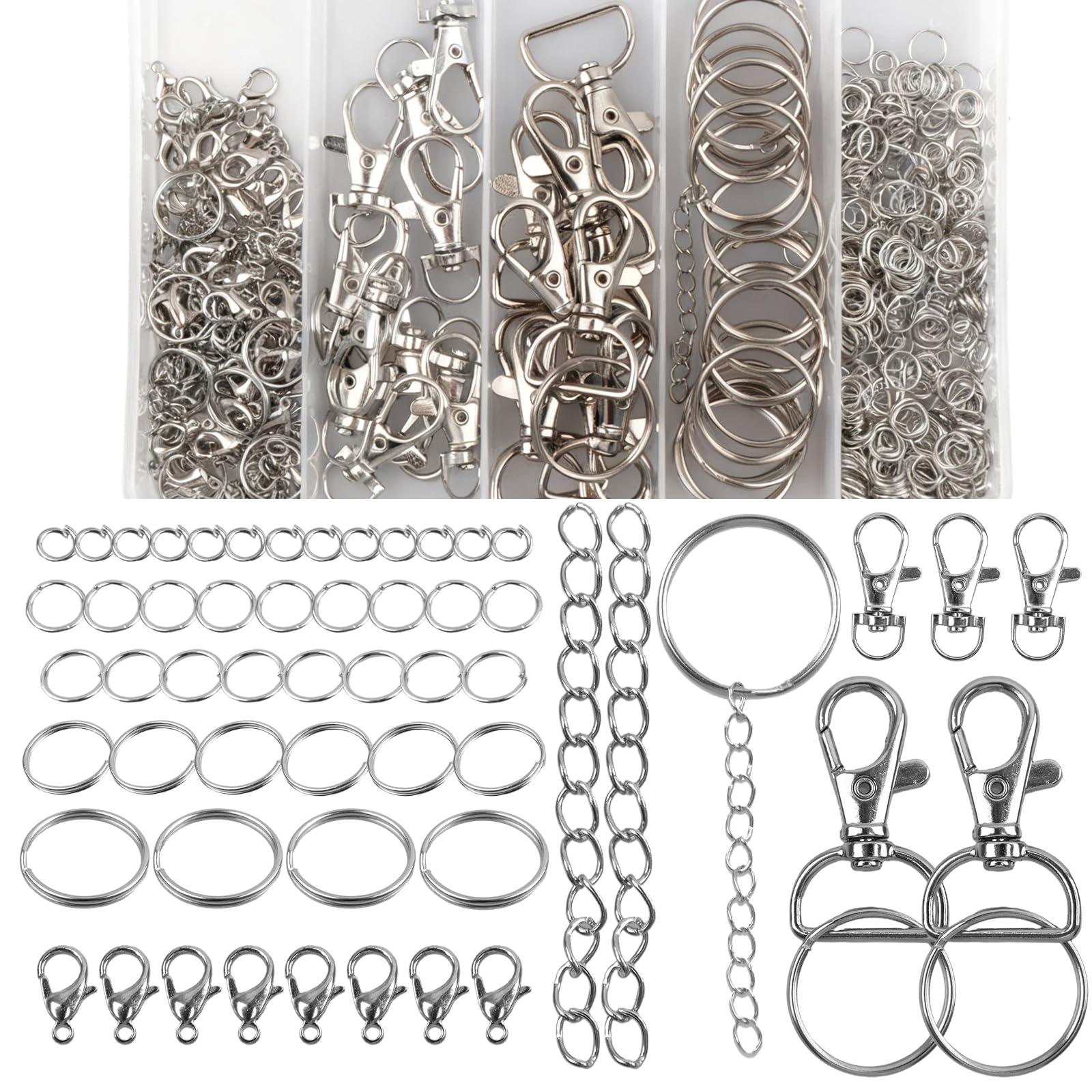 524 PCS Keyring Making Kit, Jewellery Making Supplies, Alloy Metal Swivel Hooks, Key Chains with Storage Box, Lobster Clasps, Jump Rings, Keyring Clips for DIY Craft Projects