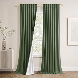 Jowels Olive Green Linen Blackout Curtains 96 Inches Long for Bedroom