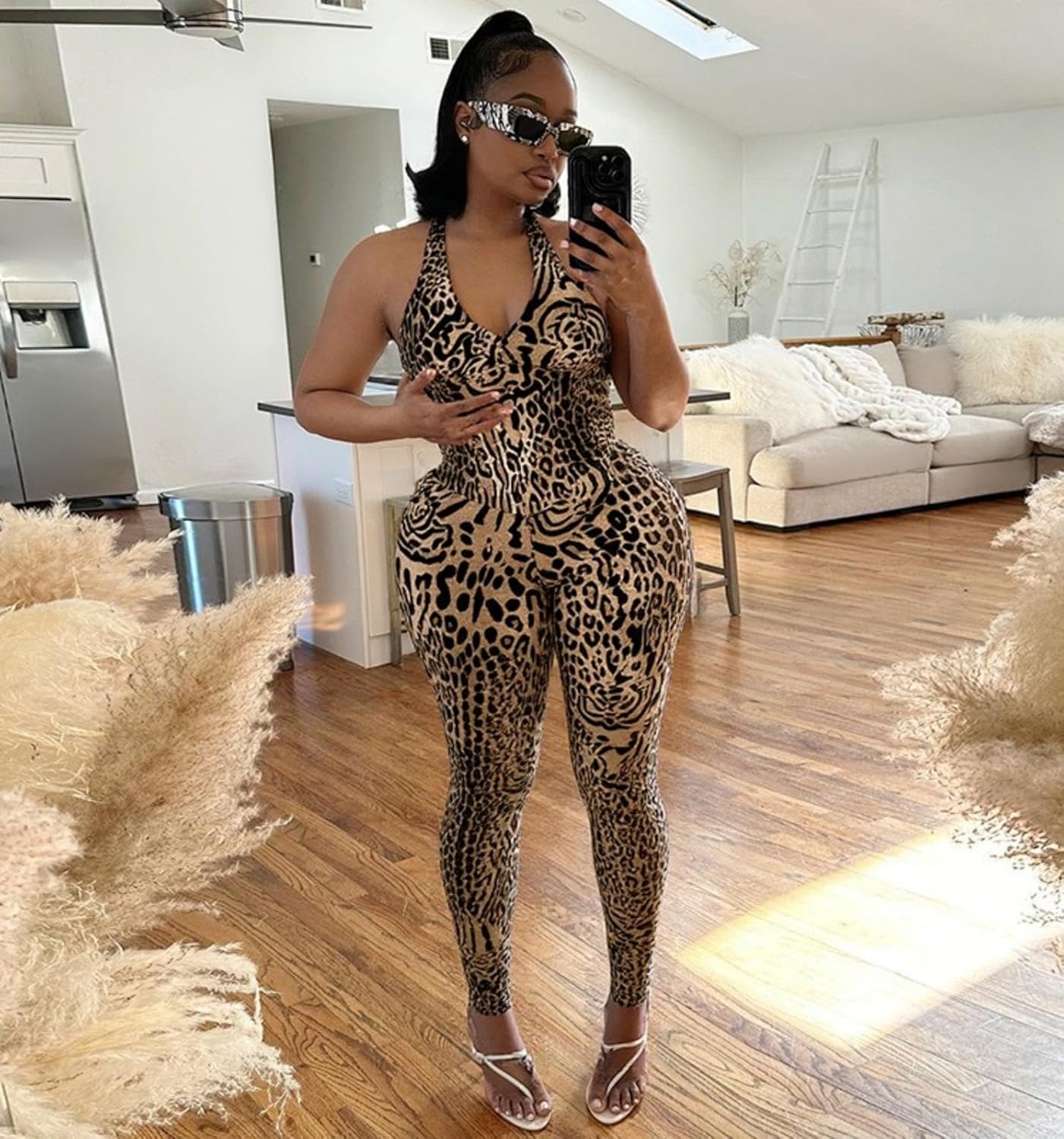 Sexy Jumpsuits for Women Deep V Neck Leopard Backless Jumpsuit Sleeveless Cheetah Bodycon Jumpsuit Going Out Outfits - Image 2