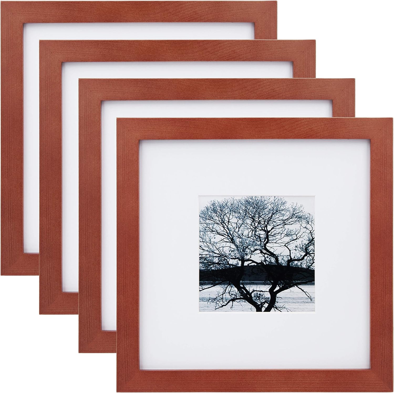 Egofine 8x8 Picture Frames 4 Pack Covered by Plexiglass - Wood Frames for Picture 4x4 with Mat or 8x8 without Mat, Photo Frames for Table Top and Wall Display, Reddish Brown