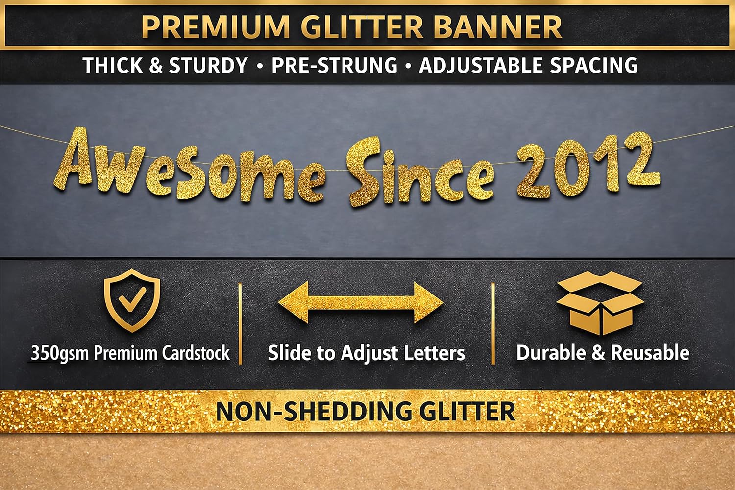 Pre-Strung Awesome Since 2012 Gold Glitter Banner - Funny 14th Birthday and Anniversary Decorations for Teen Boys and Girls - Party Supplies and Gifts image 4