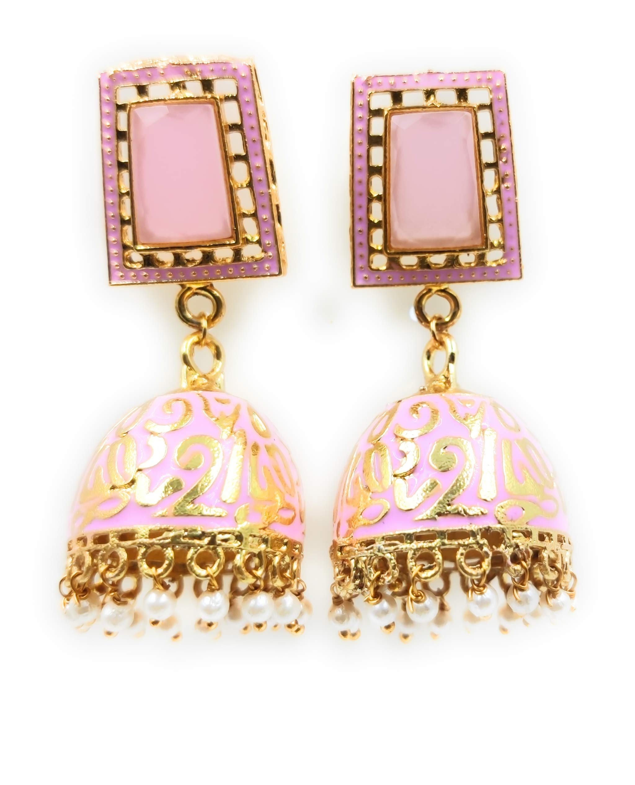 Bella Store Handmade Golden Meenakari Jhumki Baby Pink Color Occasion Traditional Wedding Stylish Stone Pearl Earrings For Women and Girls