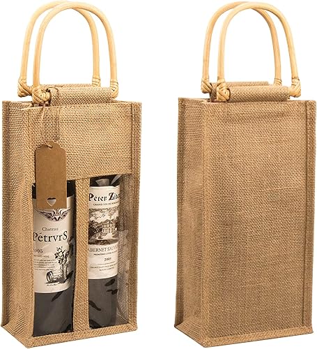 DIWNELEM Paquete de 2 bolsas de regalo de vino de arpillera con ventana, bolsas de vino de yute con calcomanías, bolsas de arpillera para botellas