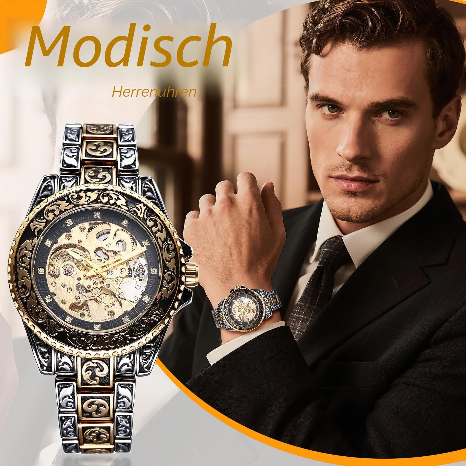 JewelryWe Herrenuhr Vintage Skelett Automatikuhr 36 Stunden Gangreserve Automatisch Mechanische Armbanduhr Herren Edelstahl Automatik Uhr mit Leuchtzeiger, Diamantskala & Drehbare Lünette
