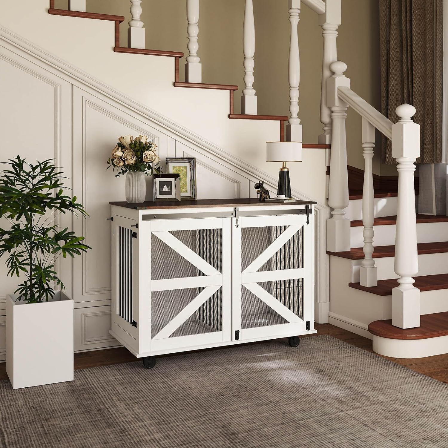 47" Large Dog Crate Furniture with Sliding Door, XL Wooden Dog Kennel Furniture Indoor with Wheels and Removable Divider, Farmhouse Decorative Pet Cage End Table, White