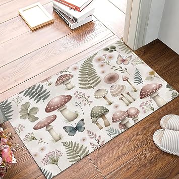 Vintage Watercolor Printed Doormat, Mushrooms Plants Heavy Duty Non-Slip Welcome Mats, Dirt Trapper Durable Floor Mats, Entryway Door Mat Rug for Indoor Entrances 60x90cm