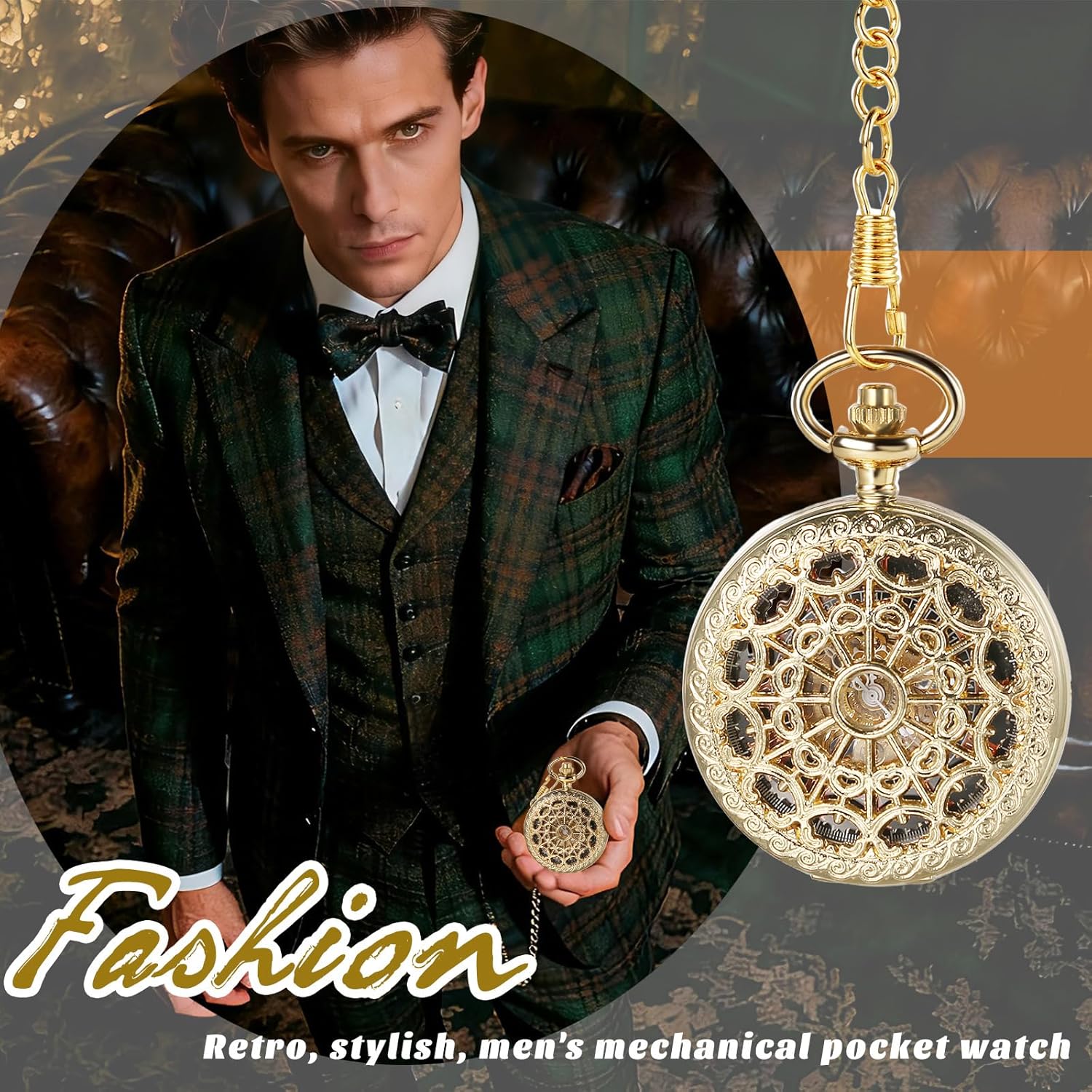 JewelryWe Automatic Mechanical Pocket Watch: Elegant Skeleton Spider Web Design Case with Roman Numerals Dial Self-Winding Analog Fob Watches with 14.96 Inch Waist Chain for Men
