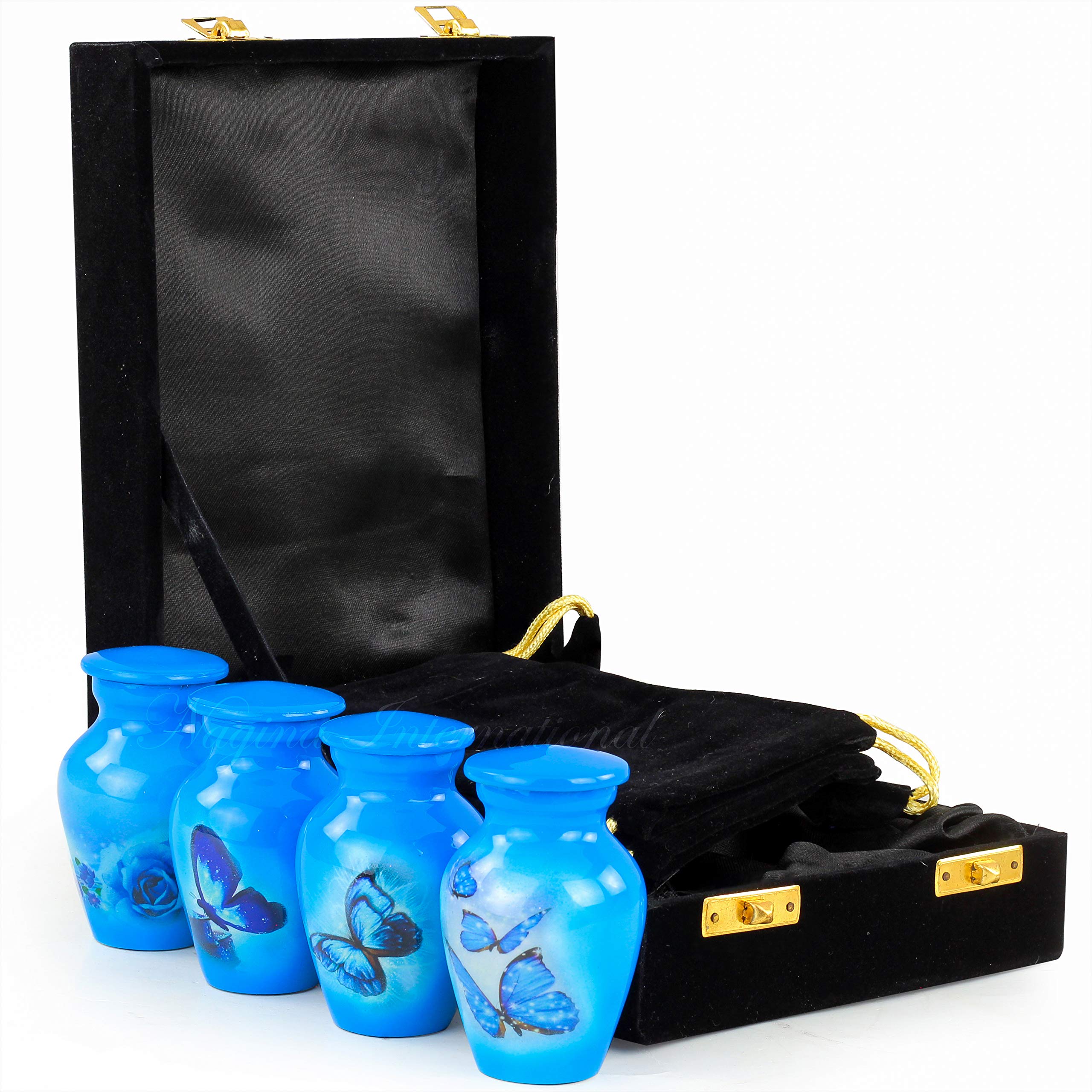 Keepsake Urns Small for Human Ashes Set of 4 | Mini Funeral Cremation Pot with Velvet Box | Cremated Remains Storage Container & Box (Capri Blue)