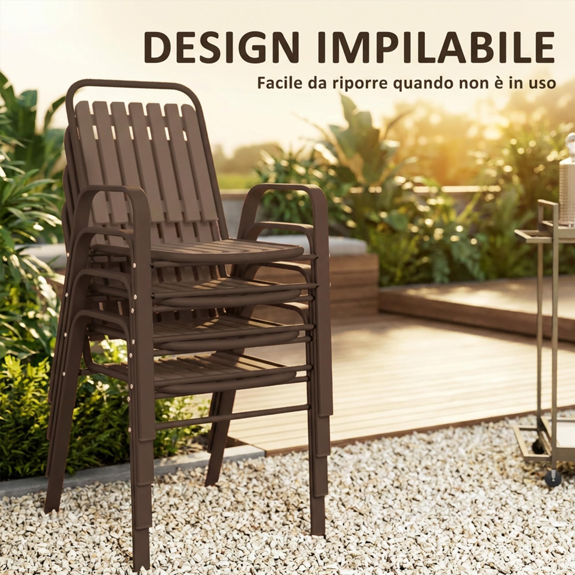 Outsunny Set 4 Sedie da Giardino Impilabili con Schienale Alto e Braccioli, Sedie da Esterno in Plastica PP e Acciaio, da Patio, Balcone, Terrazza, Esterno e Interno, 56x66x91 cm, Marrone Scuro