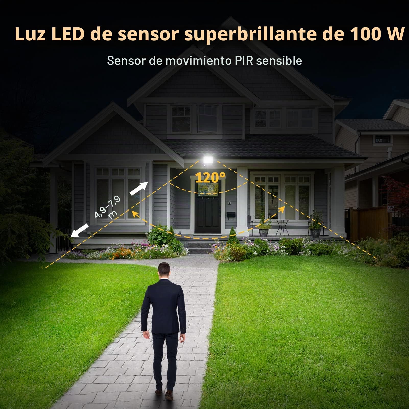 YIQIBRO Foco LED con Sensor de Movimiento 100W 2 Piezas, 10000LM 6500K Luz con Sensor de Movimiento, IP67 Impermeable Focos Exterior, Luces LED para Jardin Terraza Garaje Entrada