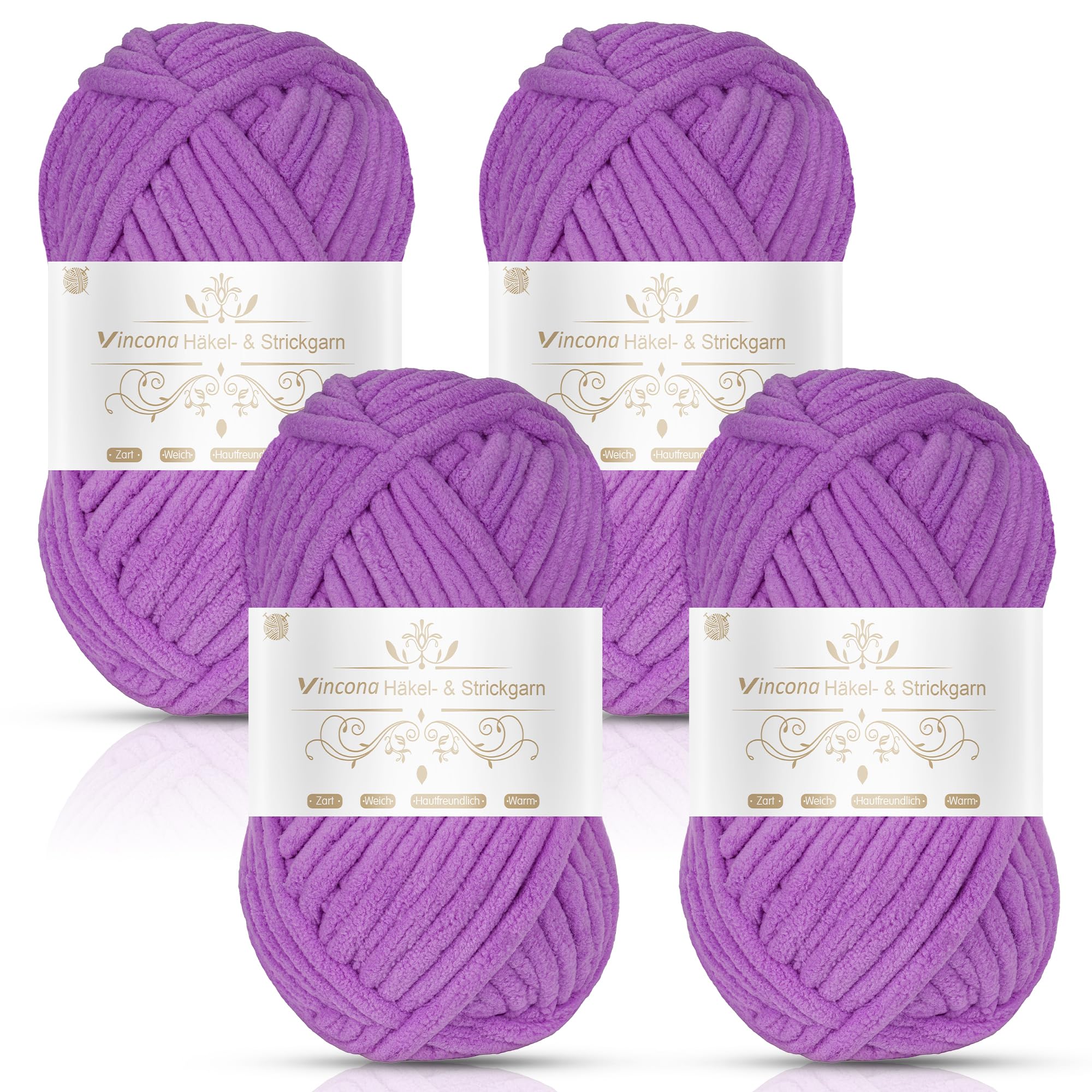 Vincona Chunky Yarn 4 x 100g Multi-Colored Soft Chunky Wool for Hand Knitting, Thick Yarn for Knitting 100g Balls, Soft Fluffy Velvet Thick Knitting Yarn for Crochet Blankets, Amigurumi Light Purple