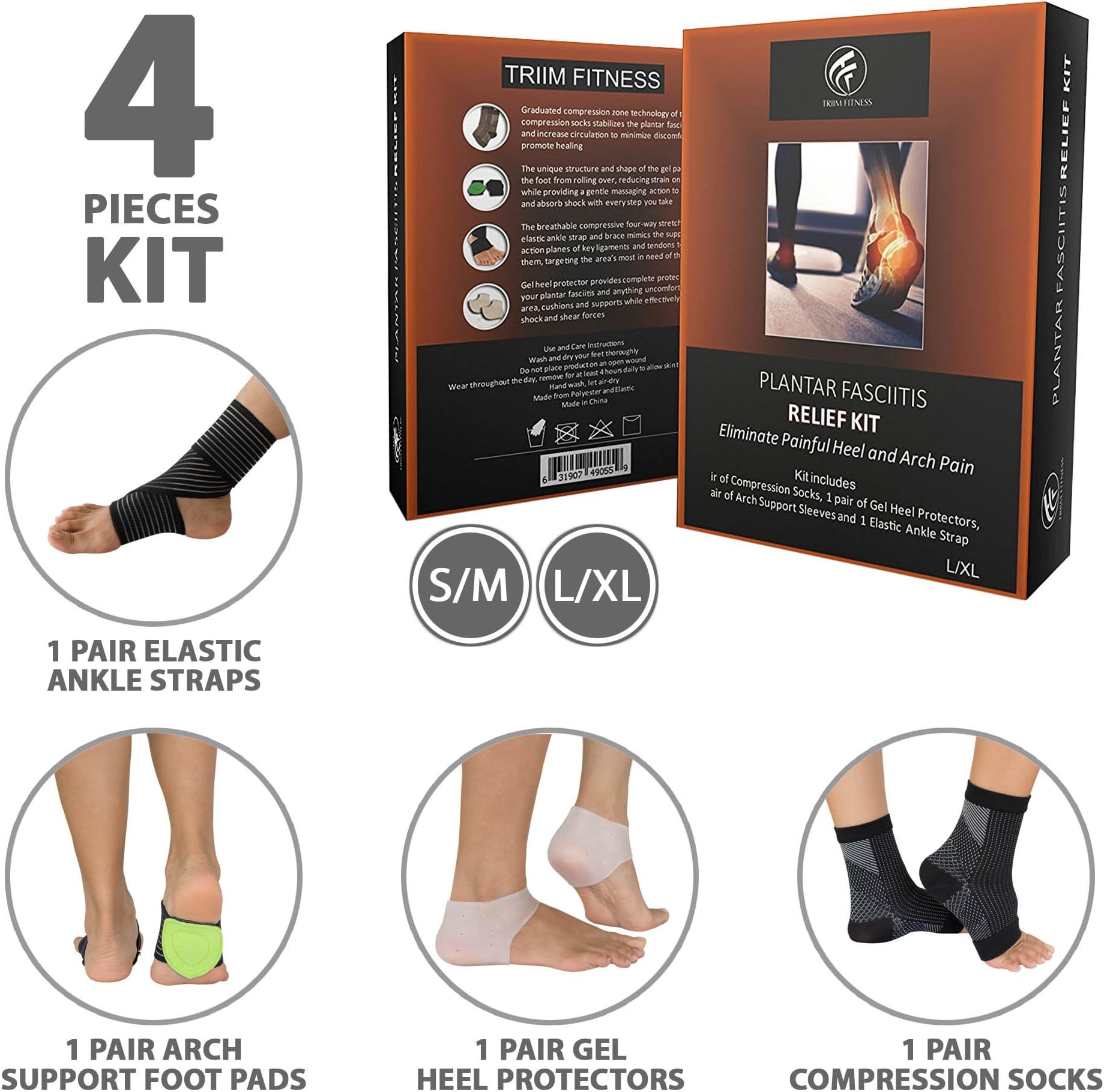 Plantar Fasciitis Relief Kit -Heel & arch pads, ankle brace & compression socks