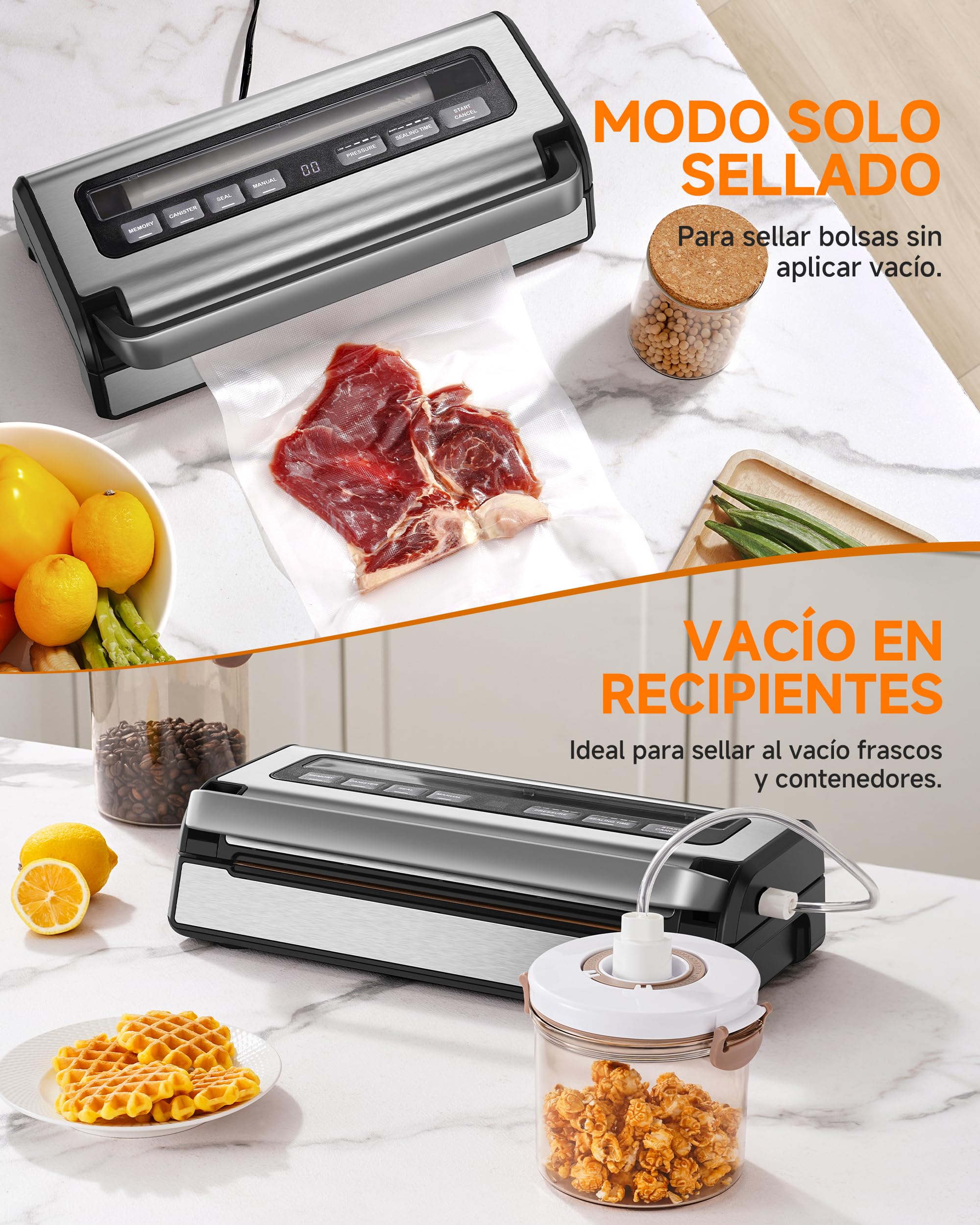 Envasadora al Vacio 95 kPa, 9-in-1 Envasadora al Vacio Domestica con Modo Tiempo & Presión Ajustables, Memoria, Doble Sellado, Cortador & Almacenamiento Integrados, Incl. 2 Rollos & Manguera