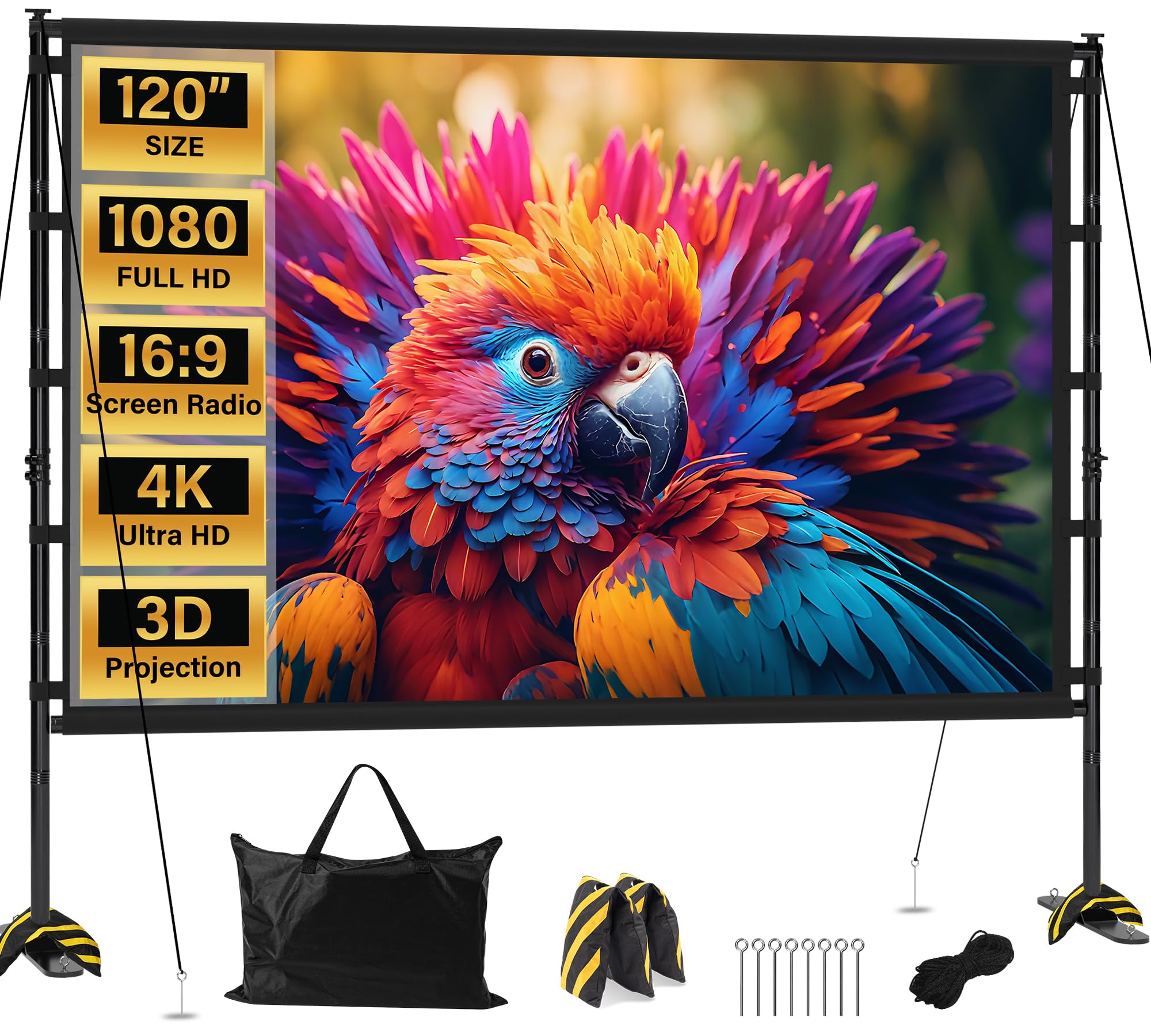 Photo 1 of Outdoor Projector Screen with Stand 120 Inch, 16:10 4K HD Portable Projector Screen Indoor, Movie Screen with Carry Bag, Sandbags for Backyard, Camping, Home Theater