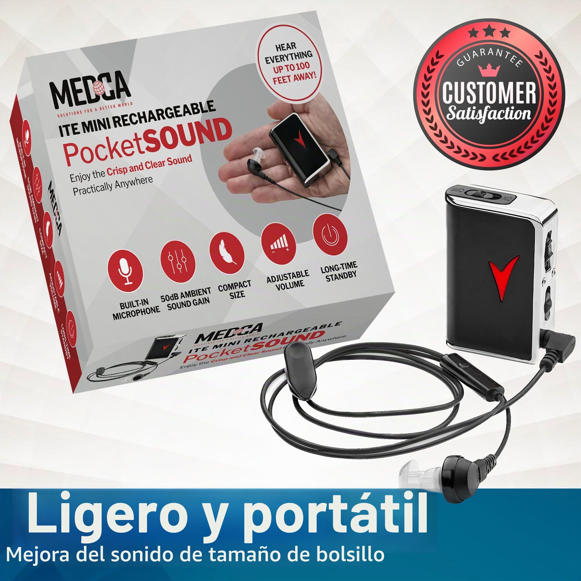 Amplificador de sonido personal - Dispositivo amplificador de audio personal y dispositivo potenciador de voz para ganancia de sonido de 50dB, hasta 30 metros de distancia, dispositivos auditivos de