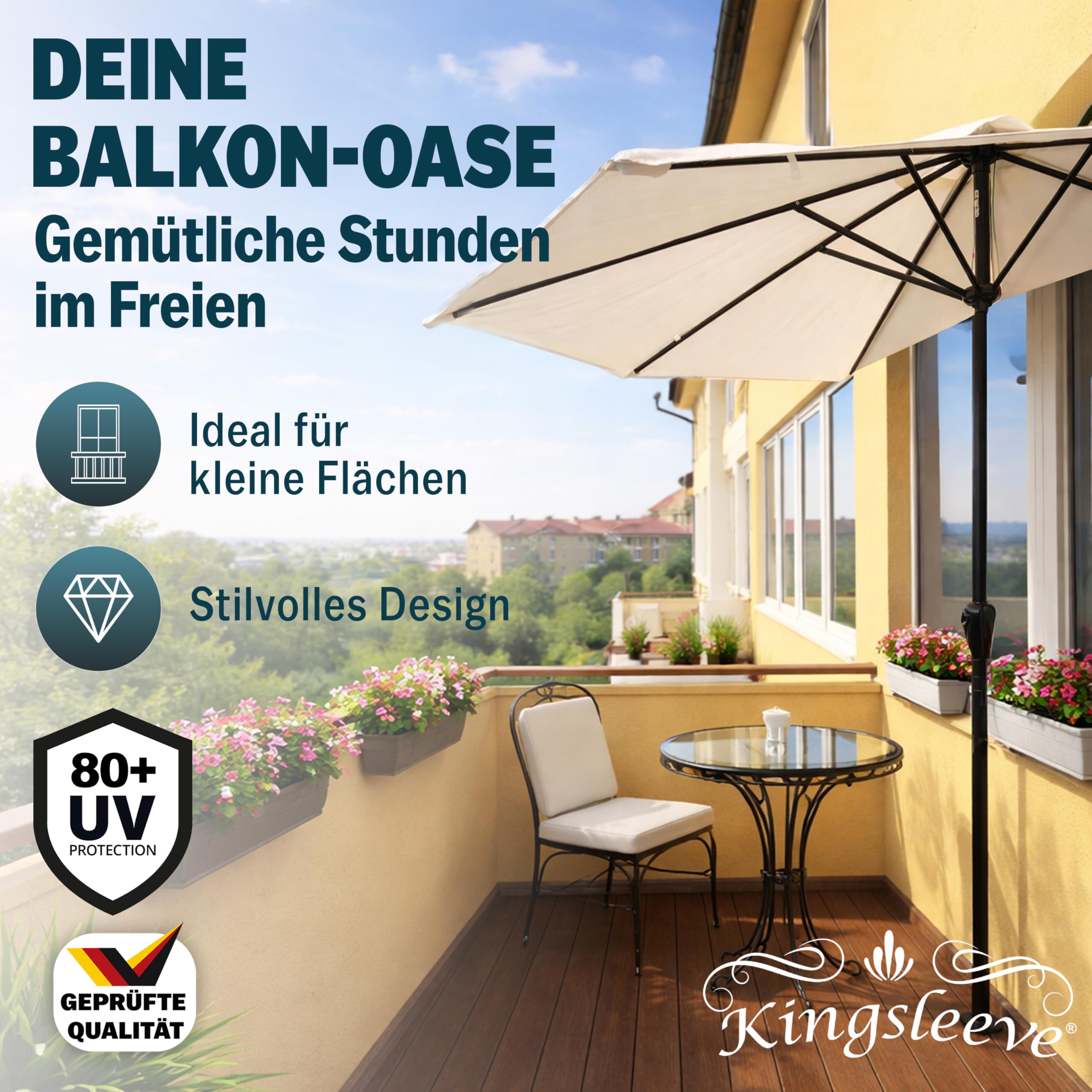 Kingsleeve® Demi-parasol Ø 270 cm crème Parasol de balcon terrasse avec manivelle Pare-soleil Protection solaire UV 50+