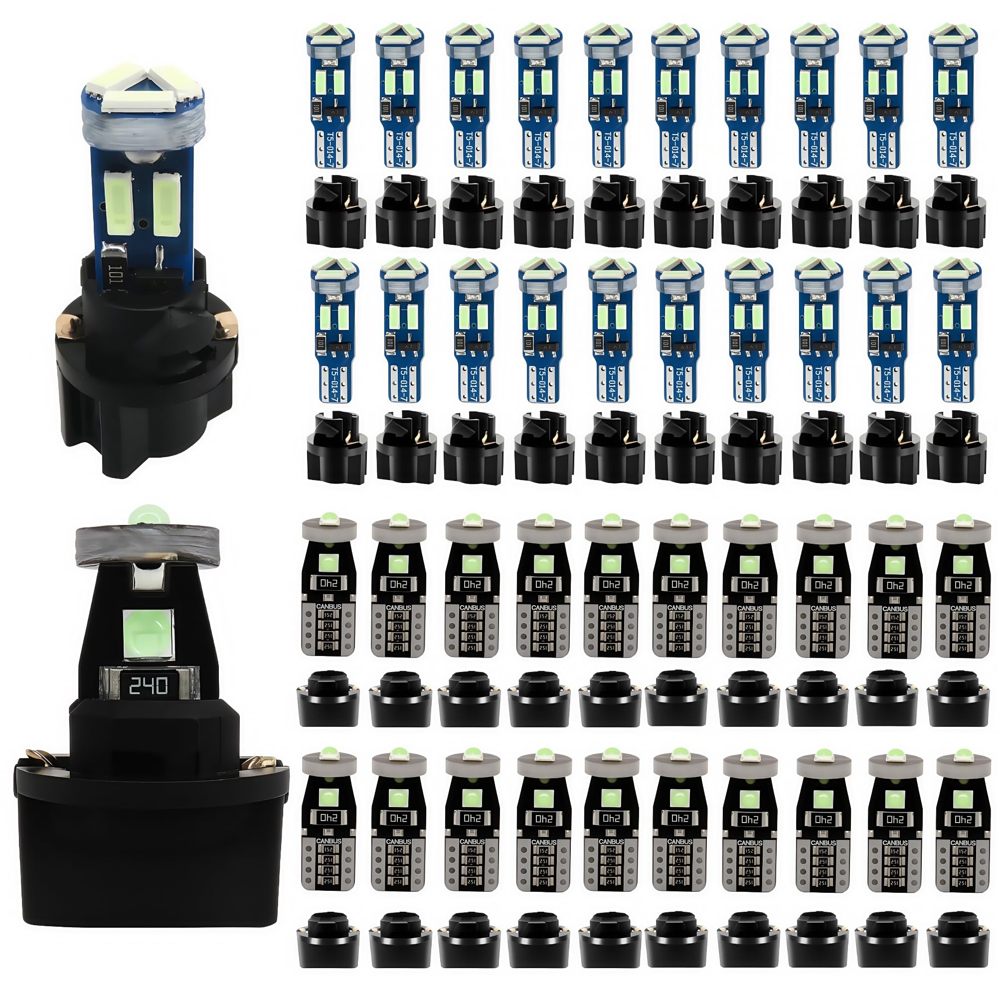 WLJH Ice Blue T5 T10 LED Dashboard Bulb Kit with Sockets, Dimmable, 40-Pack